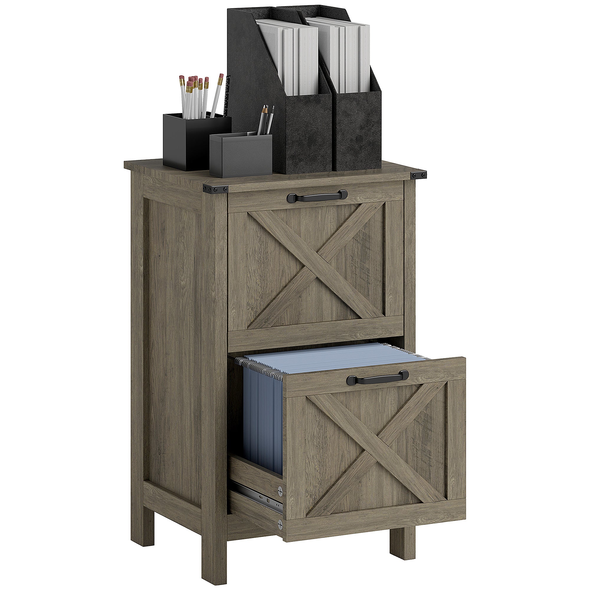 HOMCOM 2 Drawer File Cabinet with Silent Slides, Rustic Farmhouse Filing Cabinet with Barn Doors for A4/Letter Size, Printer Stand with Storage for Home Office, Grey Wash