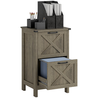 HOMCOM 2 Drawer File Cabinet with Silent Slides, Rustic Farmhouse Filing Cabinet with Barn Doors for A4/Letter Size, Printer Stand with Storage for Home Office, Grey Wash