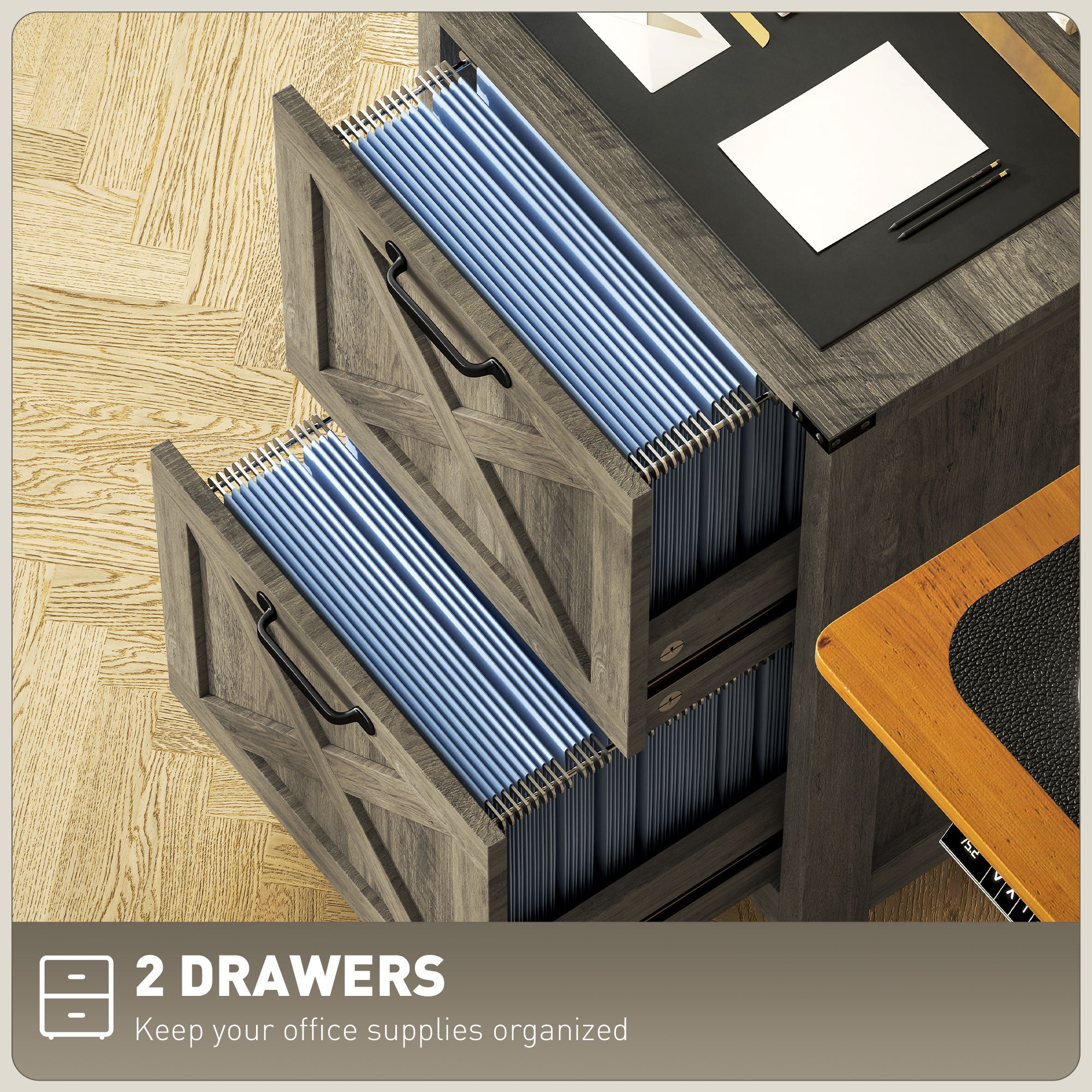 HOMCOM 2 Drawer File Cabinet with Silent Slides, Rustic Farmhouse Filing Cabinet with Barn Doors for A4/Letter Size, Printer Stand with Storage for Home Office, Grey Wash