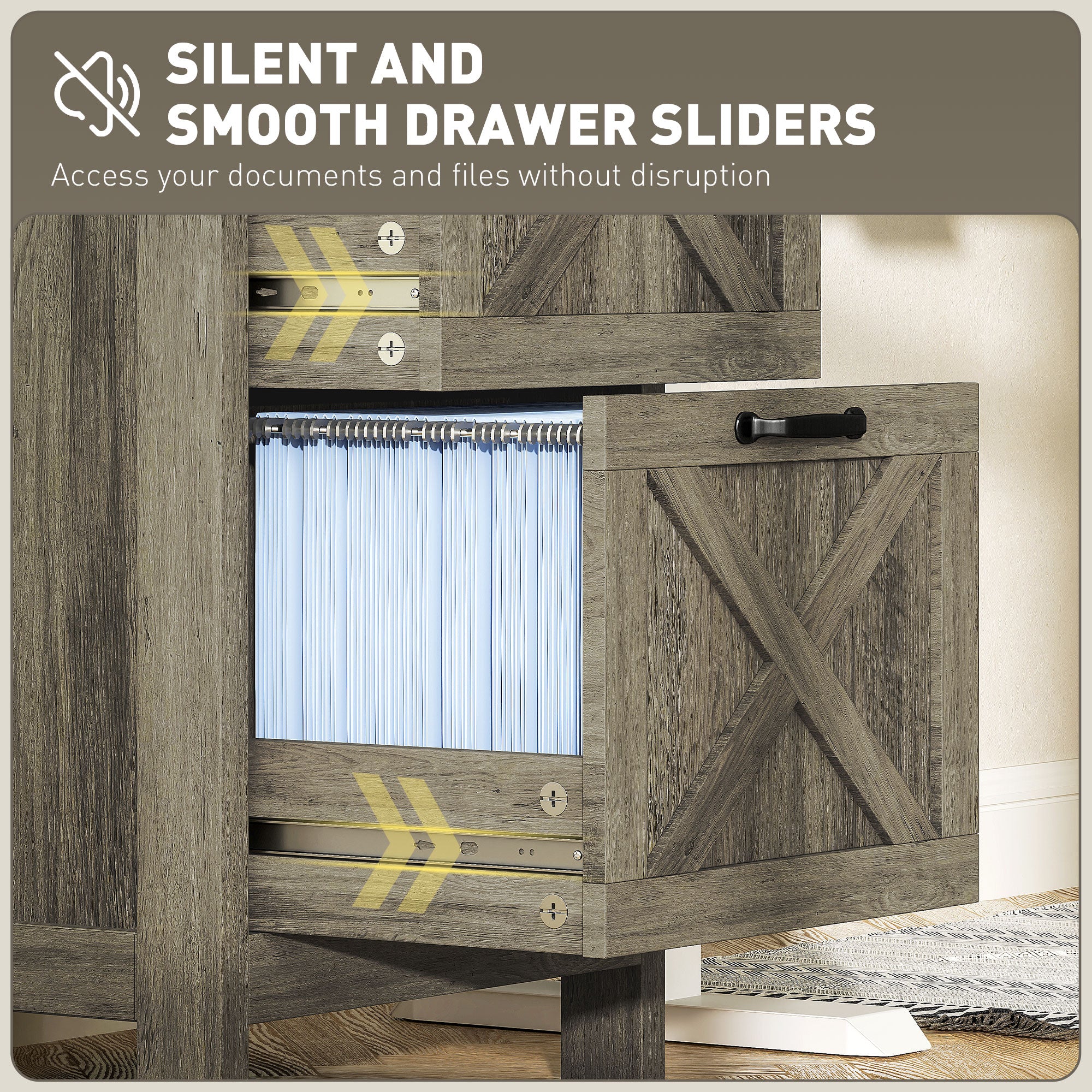 HOMCOM 2 Drawer File Cabinet with Silent Slides, Rustic Farmhouse Filing Cabinet with Barn Doors for A4/Letter Size, Printer Stand with Storage for Home Office, Grey Wash