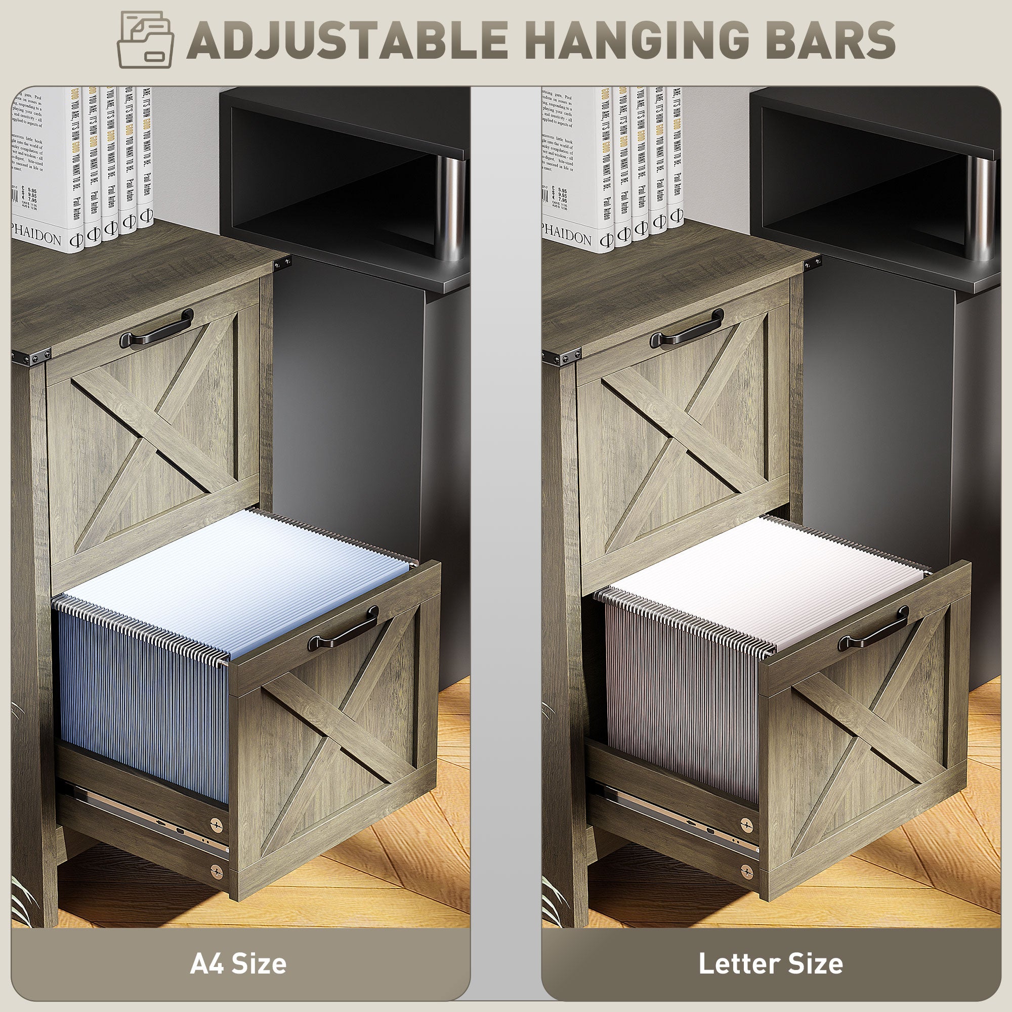 HOMCOM 2 Drawer File Cabinet with Silent Slides, Rustic Farmhouse Filing Cabinet with Barn Doors for A4/Letter Size, Printer Stand with Storage for Home Office, Grey Wash