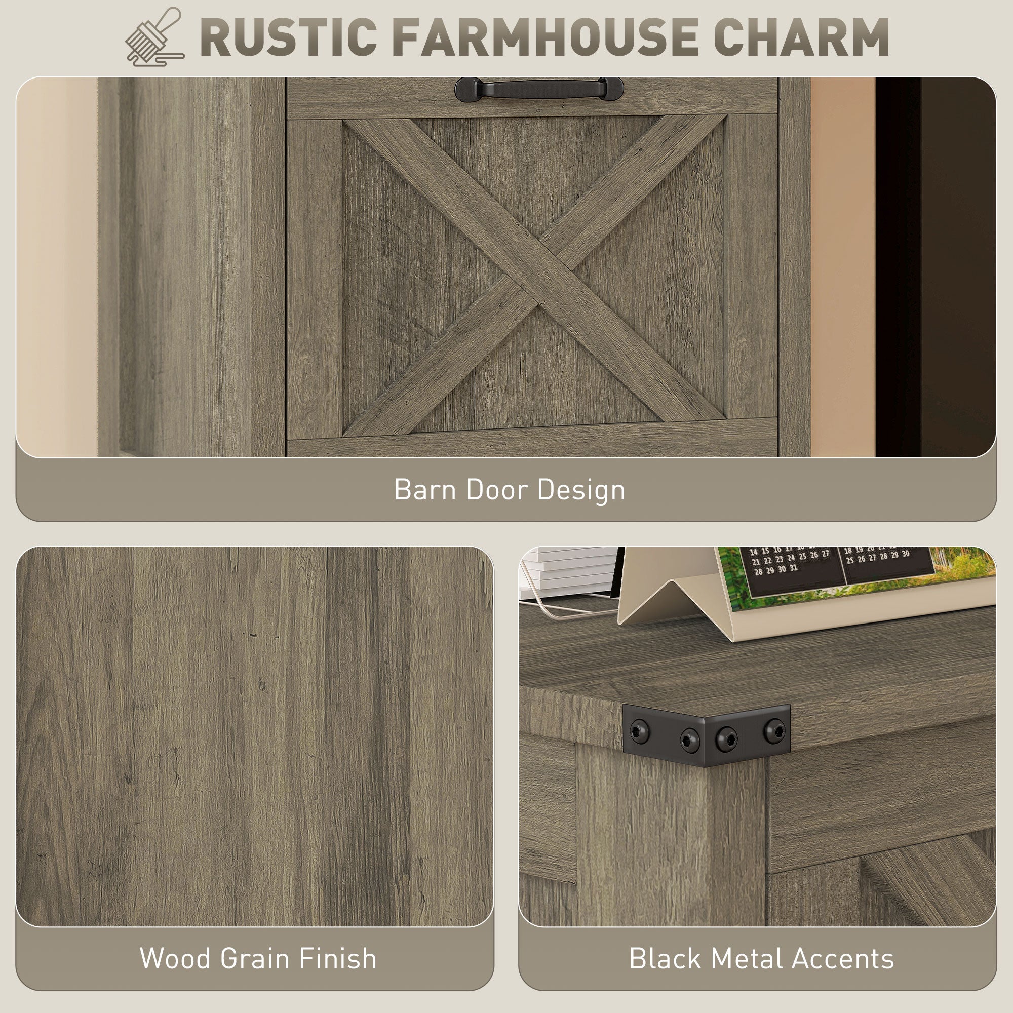 HOMCOM 2 Drawer File Cabinet with Silent Slides, Rustic Farmhouse Filing Cabinet with Barn Doors for A4/Letter Size, Printer Stand with Storage for Home Office, Grey Wash