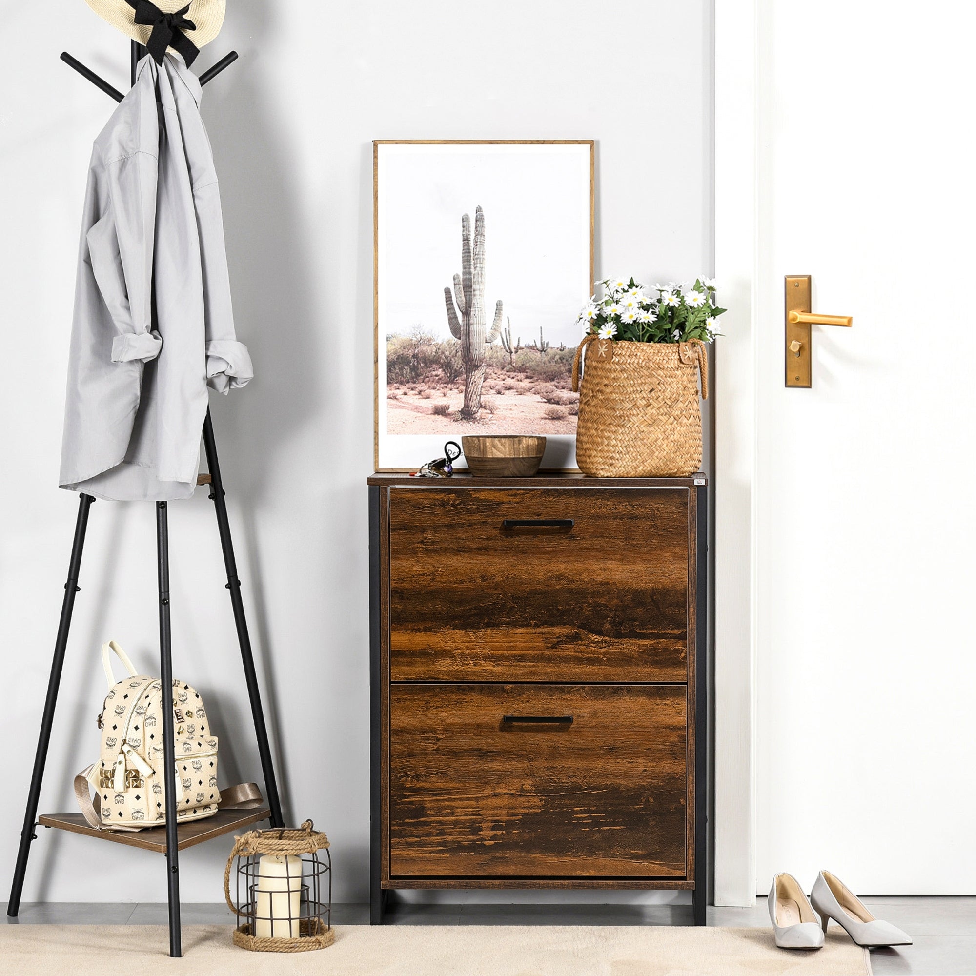 HOMCOM Shoe Cabinet with 2 Flip Doors, Slim 2-Drawer Shoe Cupboard with Divider and Open Compartment for 12 Pairs of Shoes, Entryway Storage Unit, Rustic Brown
