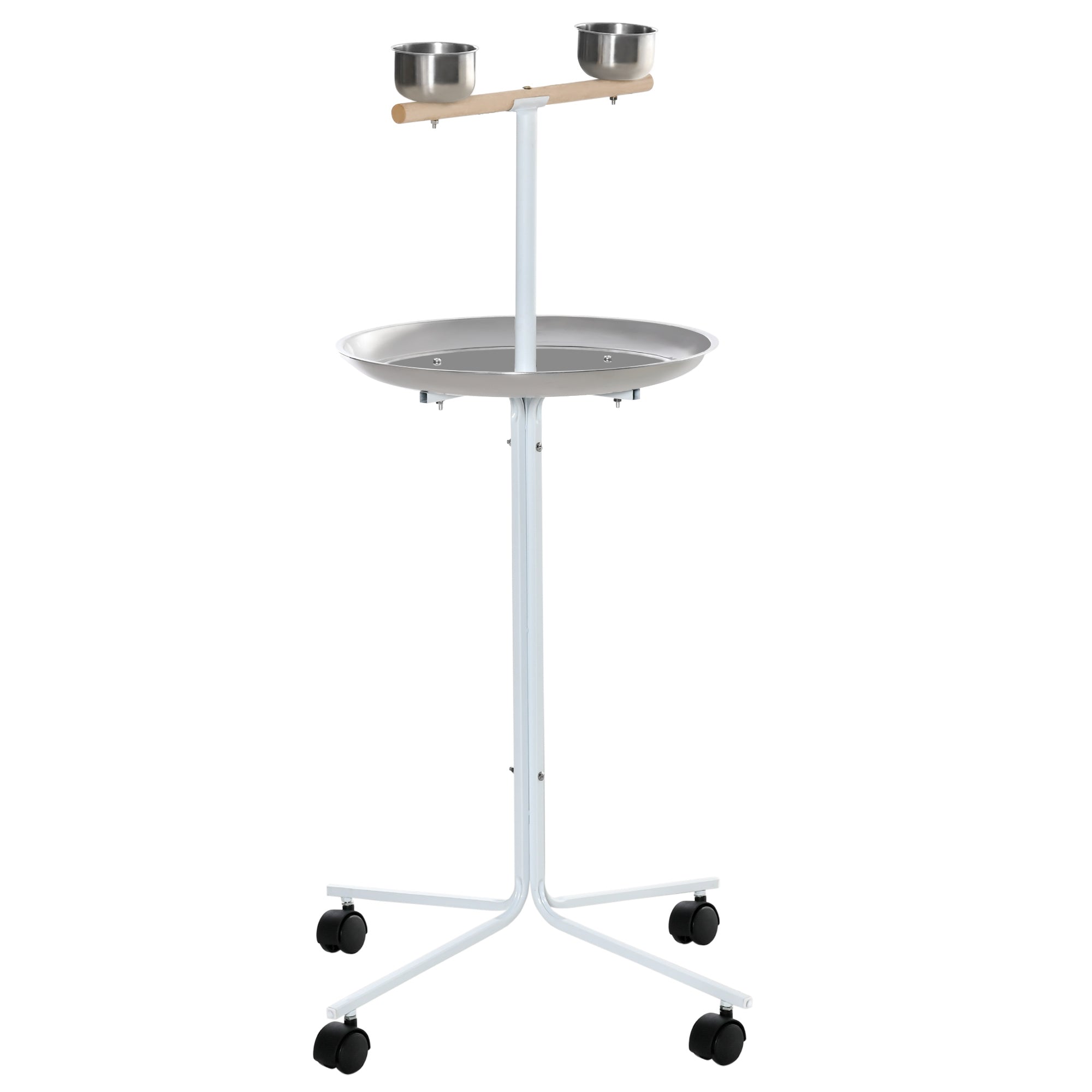 PawHut Rolling Parrot Stand with Lightweight Design, Metal Bird Stand with Wheels, Wooden Parrot Perch Stand, Stainless Steel Bird Food Bowls, Pure White