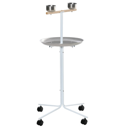 PawHut Rolling Parrot Stand with Lightweight Design, Metal Bird Stand with Wheels, Wooden Parrot Perch Stand, Stainless Steel Bird Food Bowls, Pure White