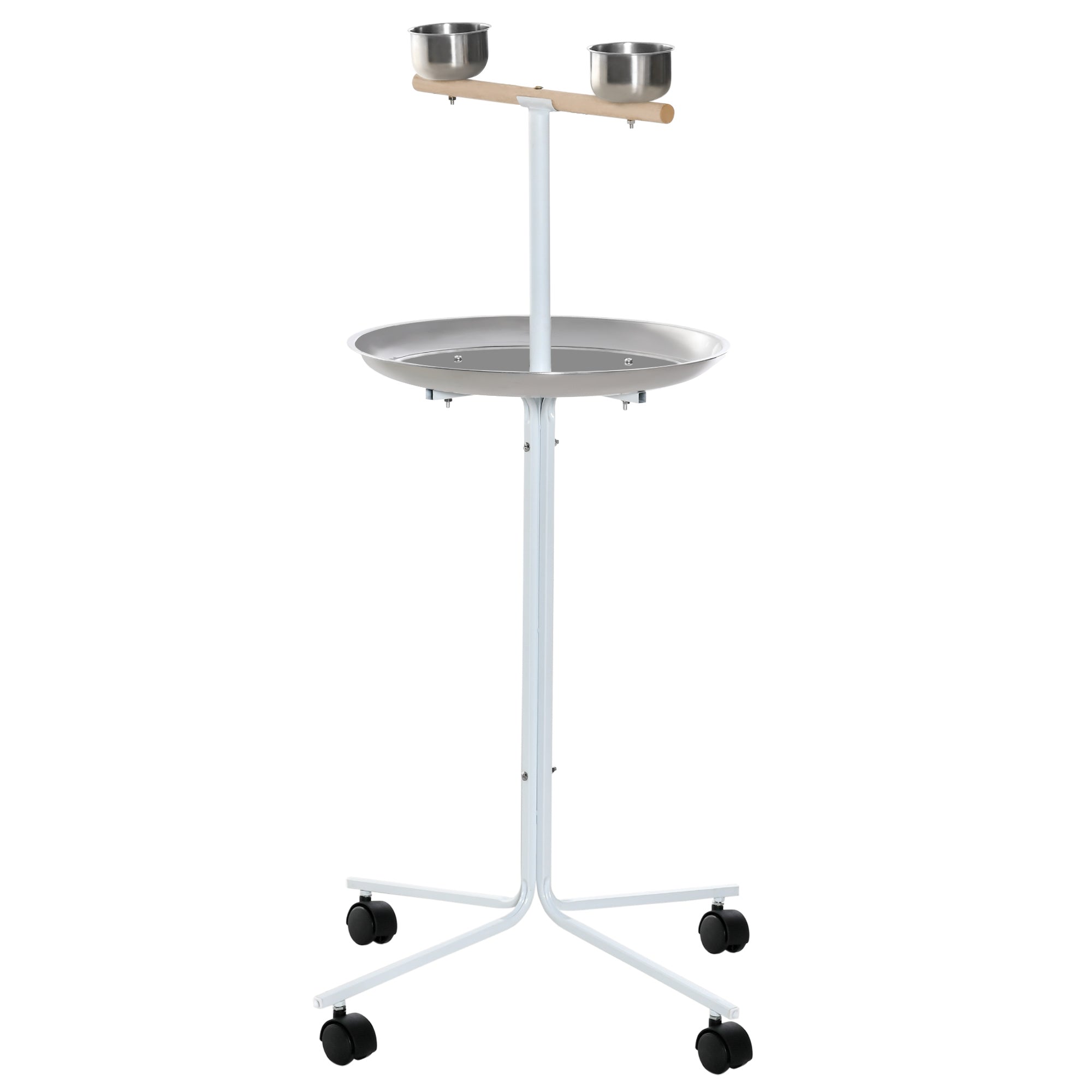 PawHut Rolling Parrot Stand with Lightweight Design, Metal Bird Stand with Wheels, Wooden Parrot Perch Stand, Stainless Steel Bird Food Bowls, Pure White