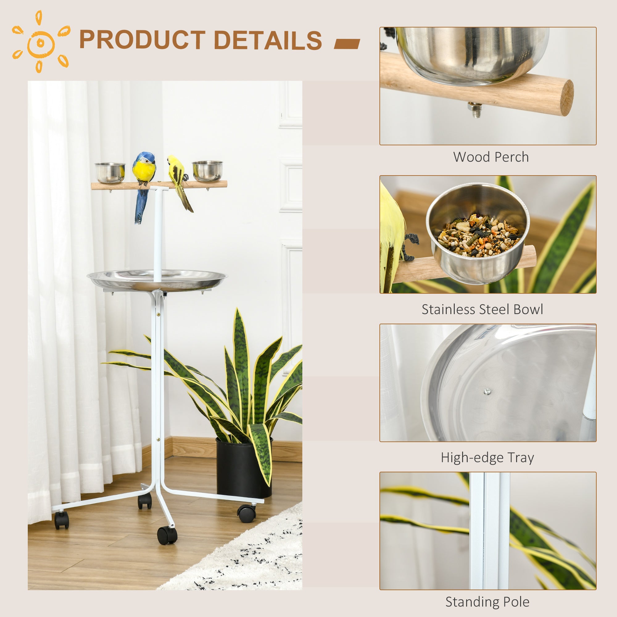 PawHut Rolling Parrot Stand with Lightweight Design, Metal Bird Stand with Wheels, Wooden Parrot Perch Stand, Stainless Steel Bird Food Bowls, Pure White