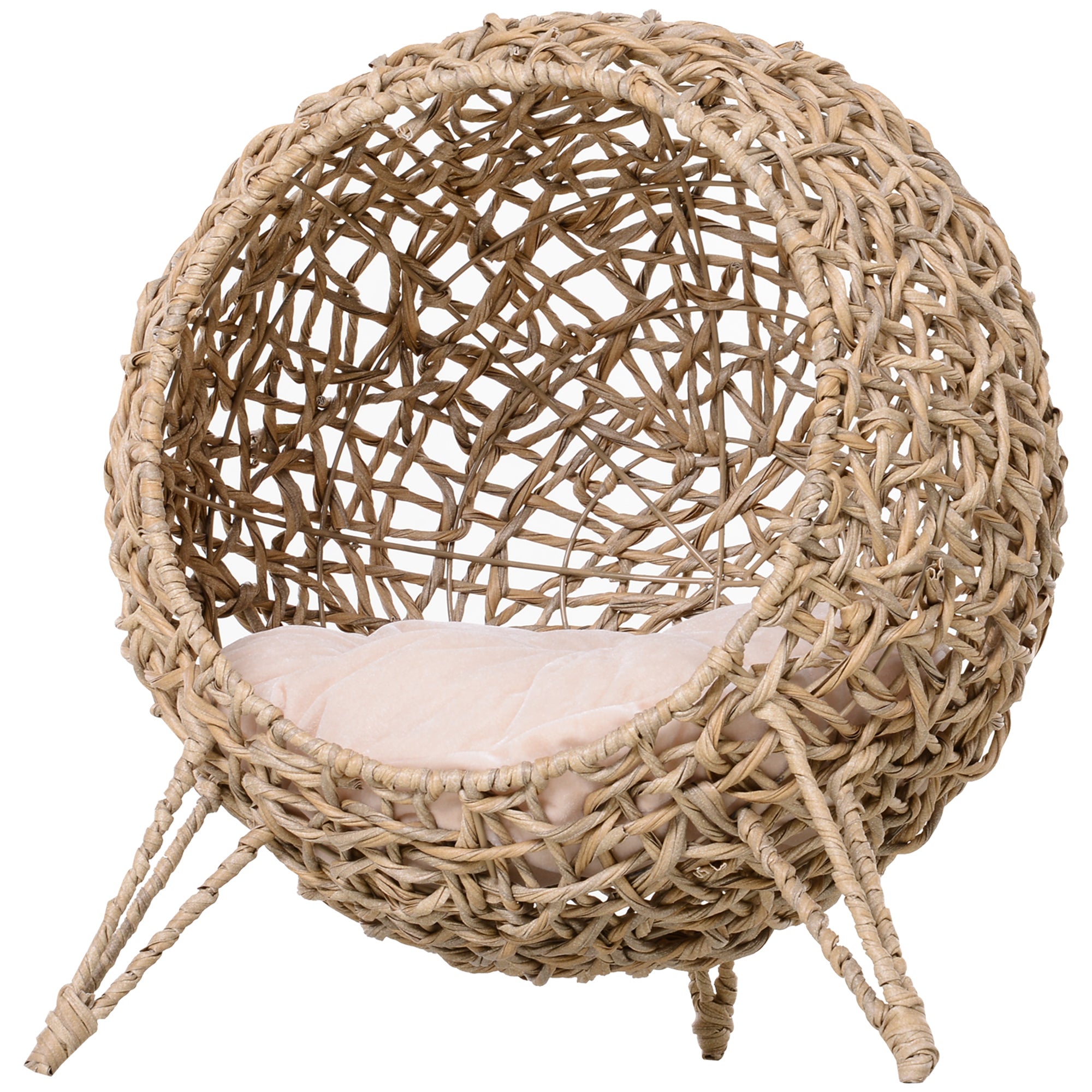 PawHut Wicker Cat House, Rattan Elevated Cat Bed with Three Tripod Legs, Ball-Shaped Cat Basket with Cushion - Natural Wood Finish