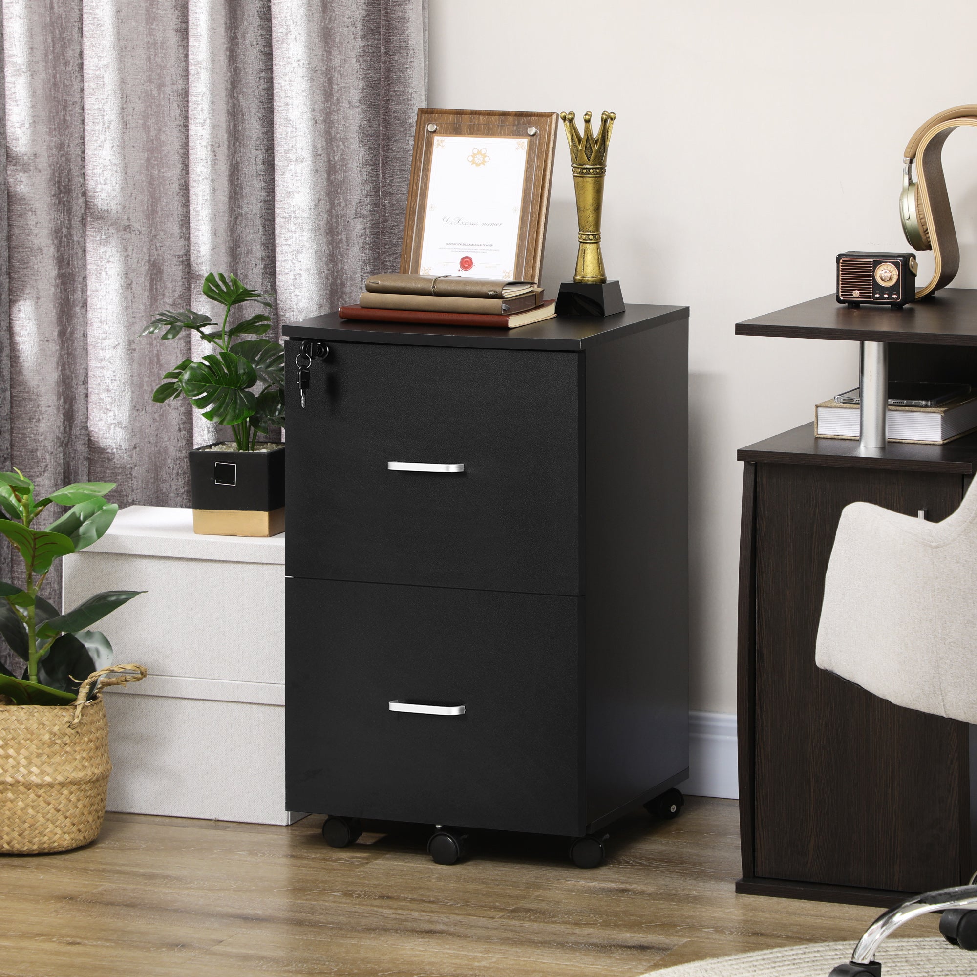Vinsetto 2 Drawer Mobile File Cabinet with Lock, Wood Office Filing Cabinet with Locking Wheels for Letter and A4 Size, Black