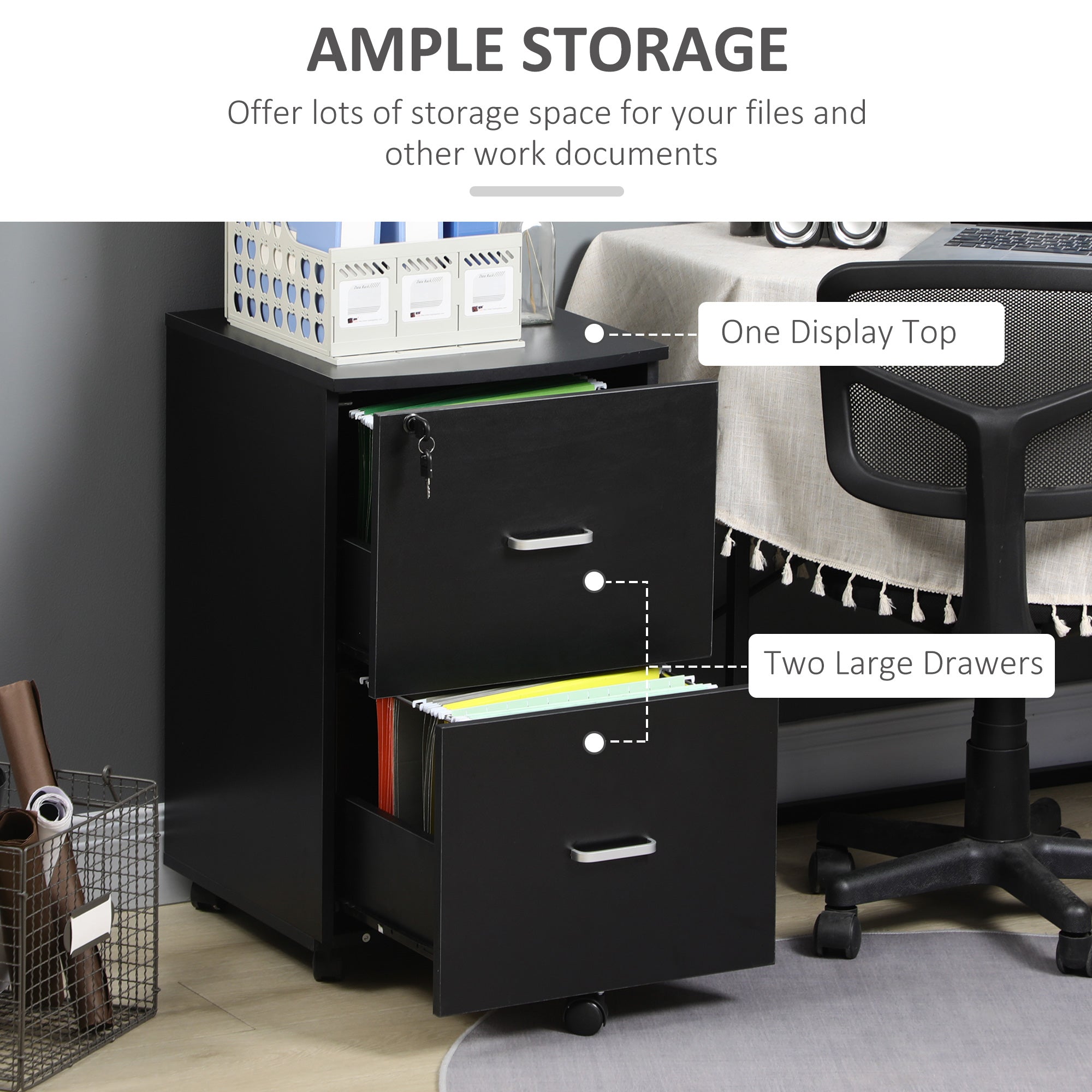 Vinsetto 2 Drawer Mobile File Cabinet with Lock, Wood Office Filing Cabinet with Locking Wheels for Letter and A4 Size, Black