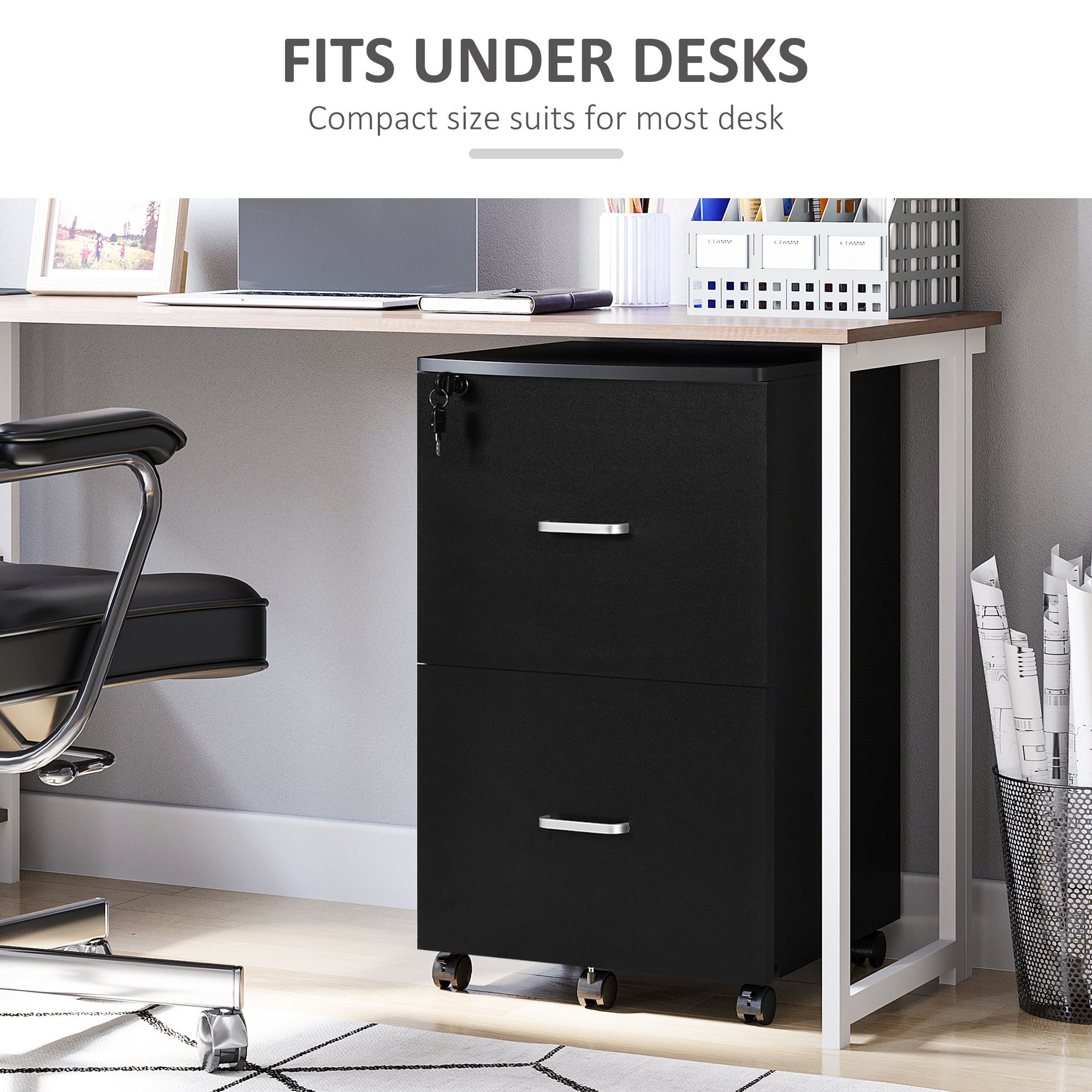 Vinsetto 2 Drawer Mobile File Cabinet with Lock, Wood Office Filing Cabinet with Locking Wheels for Letter and A4 Size, Black