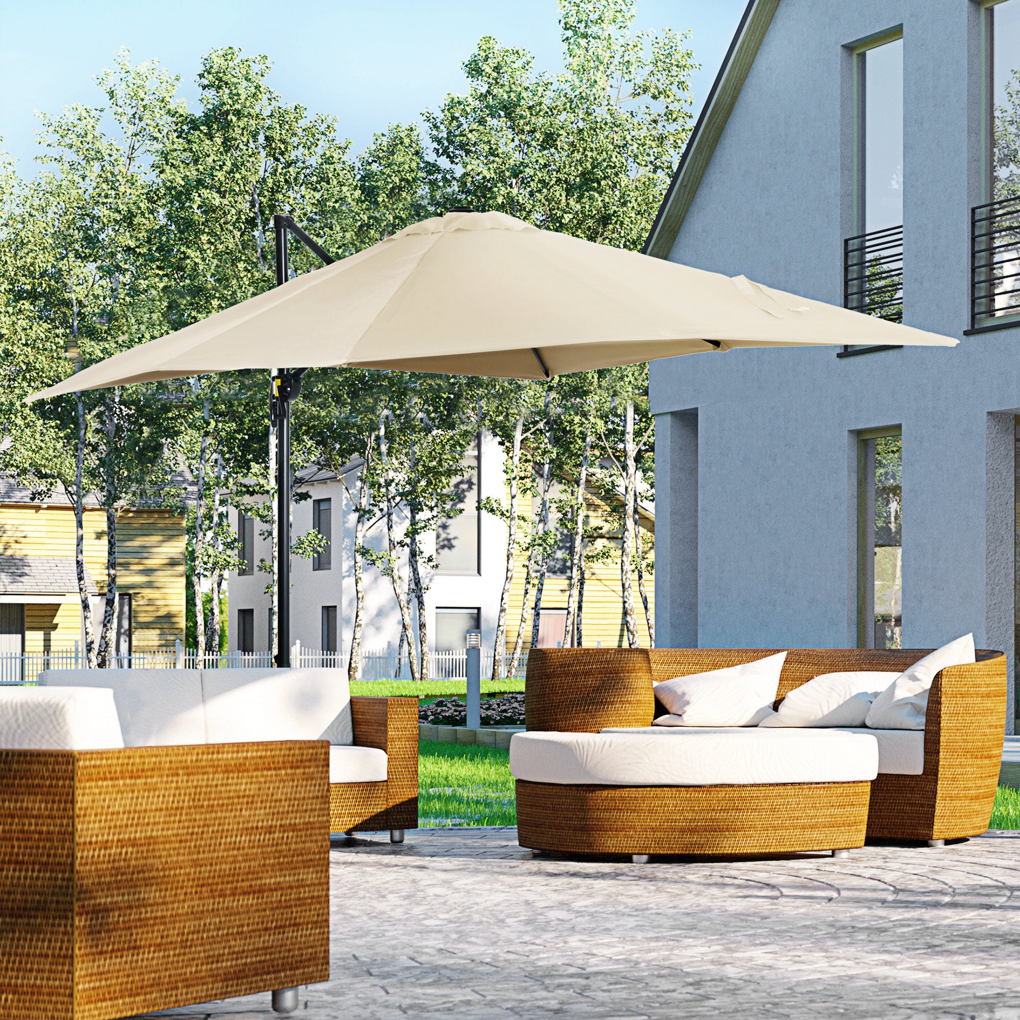 Outsunny 8' x 8' Square Patio Hanging Offset Umbrella with 360° Rotation, Aluminum Outdoor Cantilever Parasol with Crank & Tilt, Sun Canopy Shelter with Cross Base, White