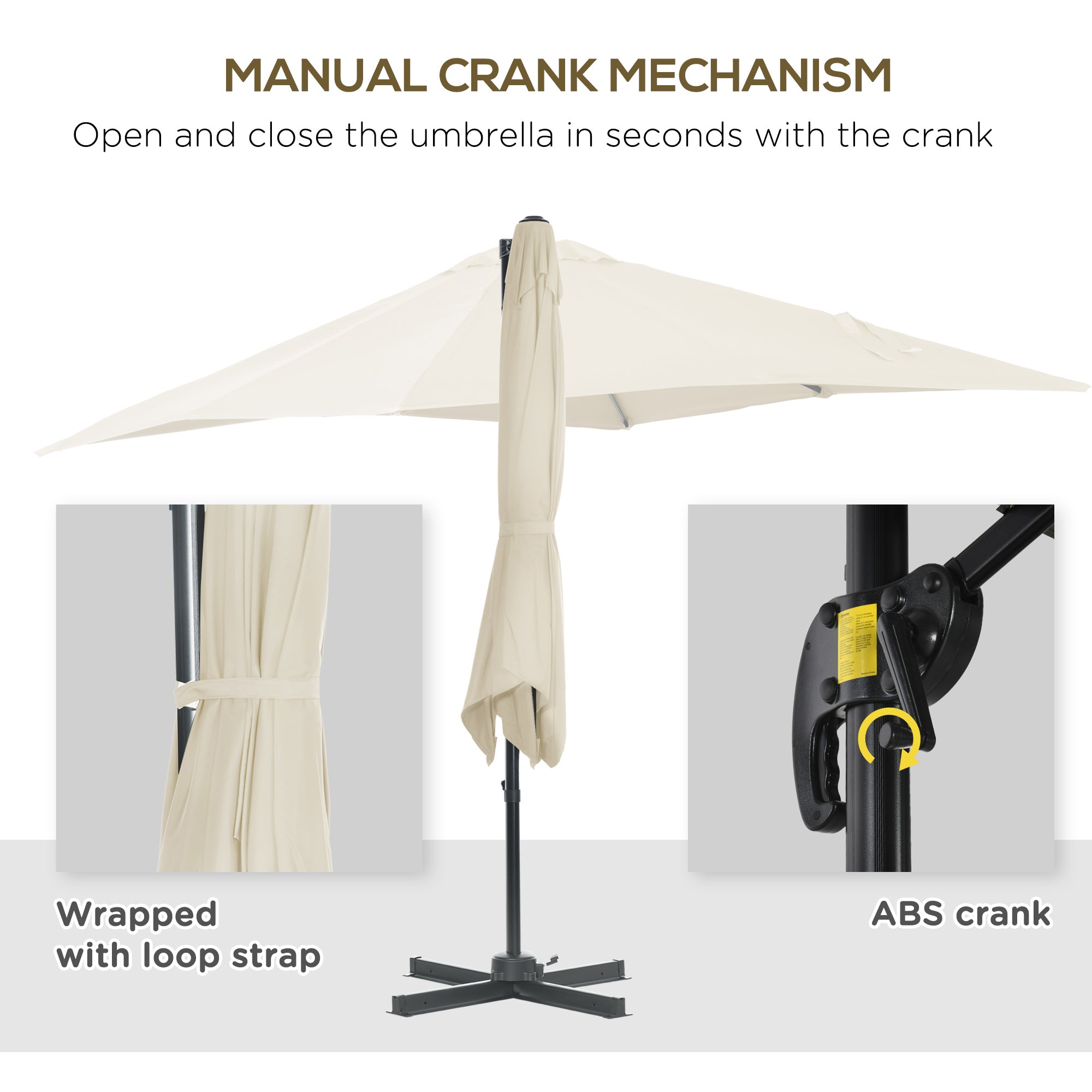 Outsunny 8' x 8' Square Patio Hanging Offset Umbrella with 360° Rotation, Aluminum Outdoor Cantilever Parasol with Crank & Tilt, Sun Canopy Shelter with Cross Base, White