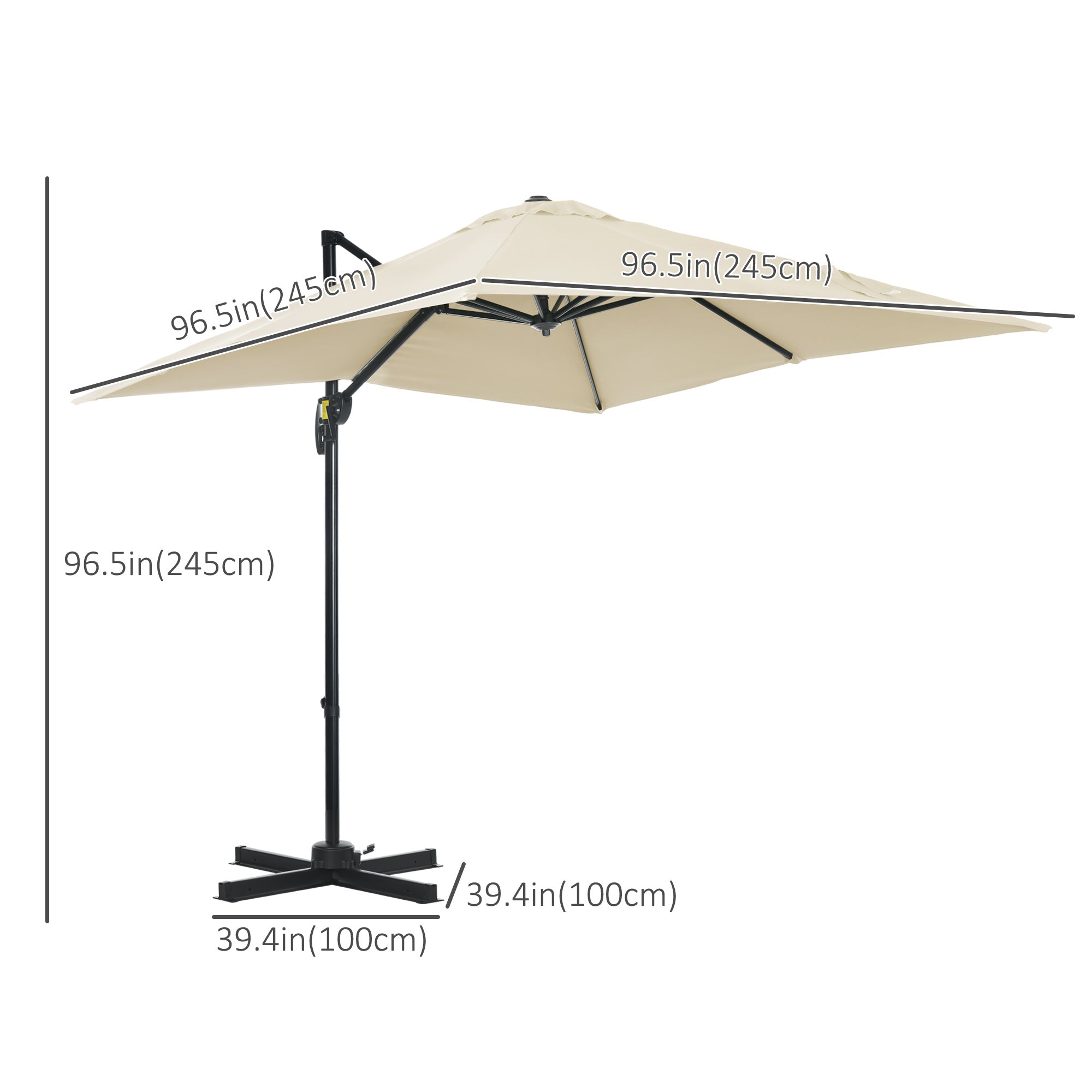 Outsunny 8' x 8' Square Patio Hanging Offset Umbrella with 360° Rotation, Aluminum Outdoor Cantilever Parasol with Crank & Tilt, Sun Canopy Shelter with Cross Base, White