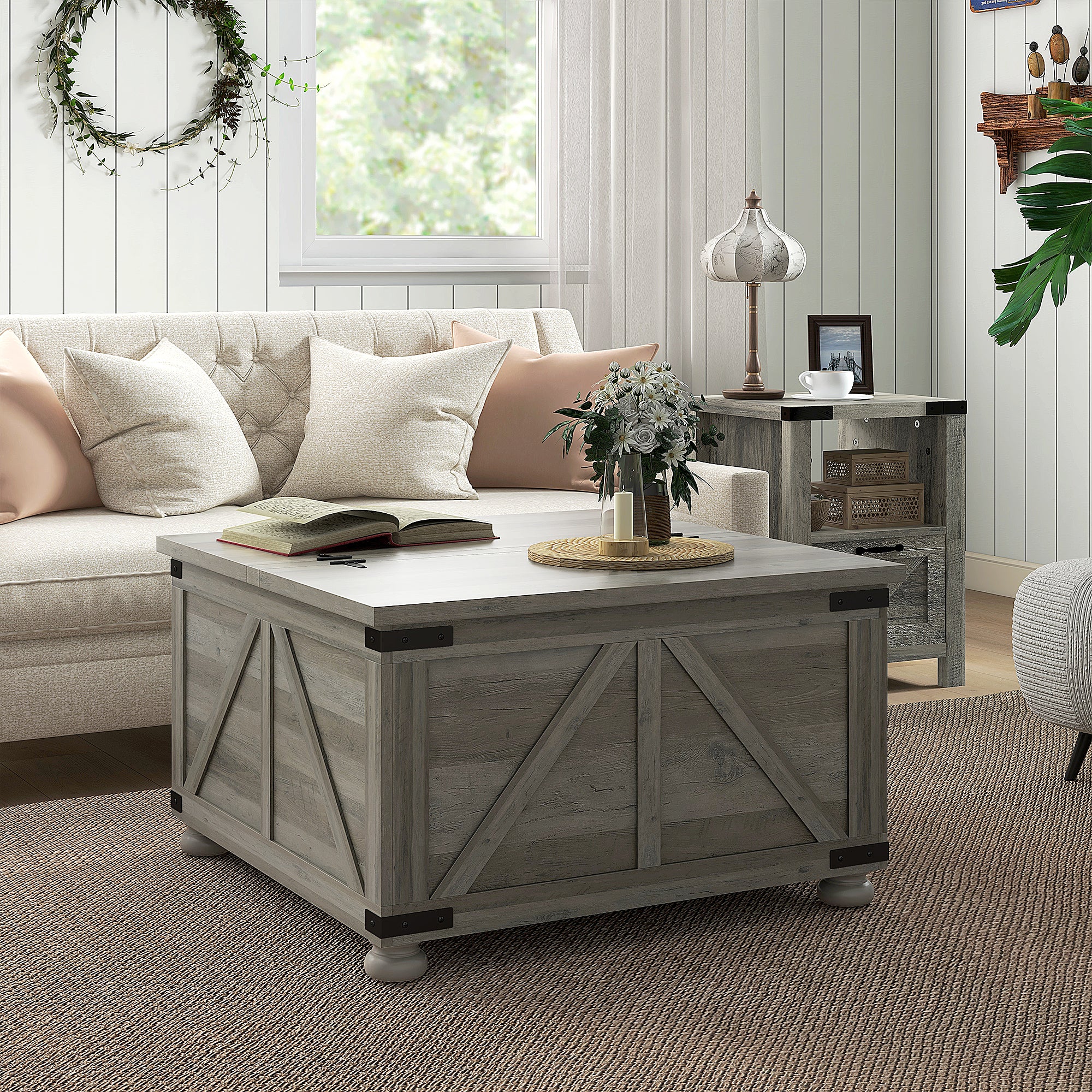 HOMCOM Farmhouse Coffee Table, Square Center Table with Flip-top Lids, Living Room Table with Hidden Storage Compartment and Wooden Legs, Distressed Grey