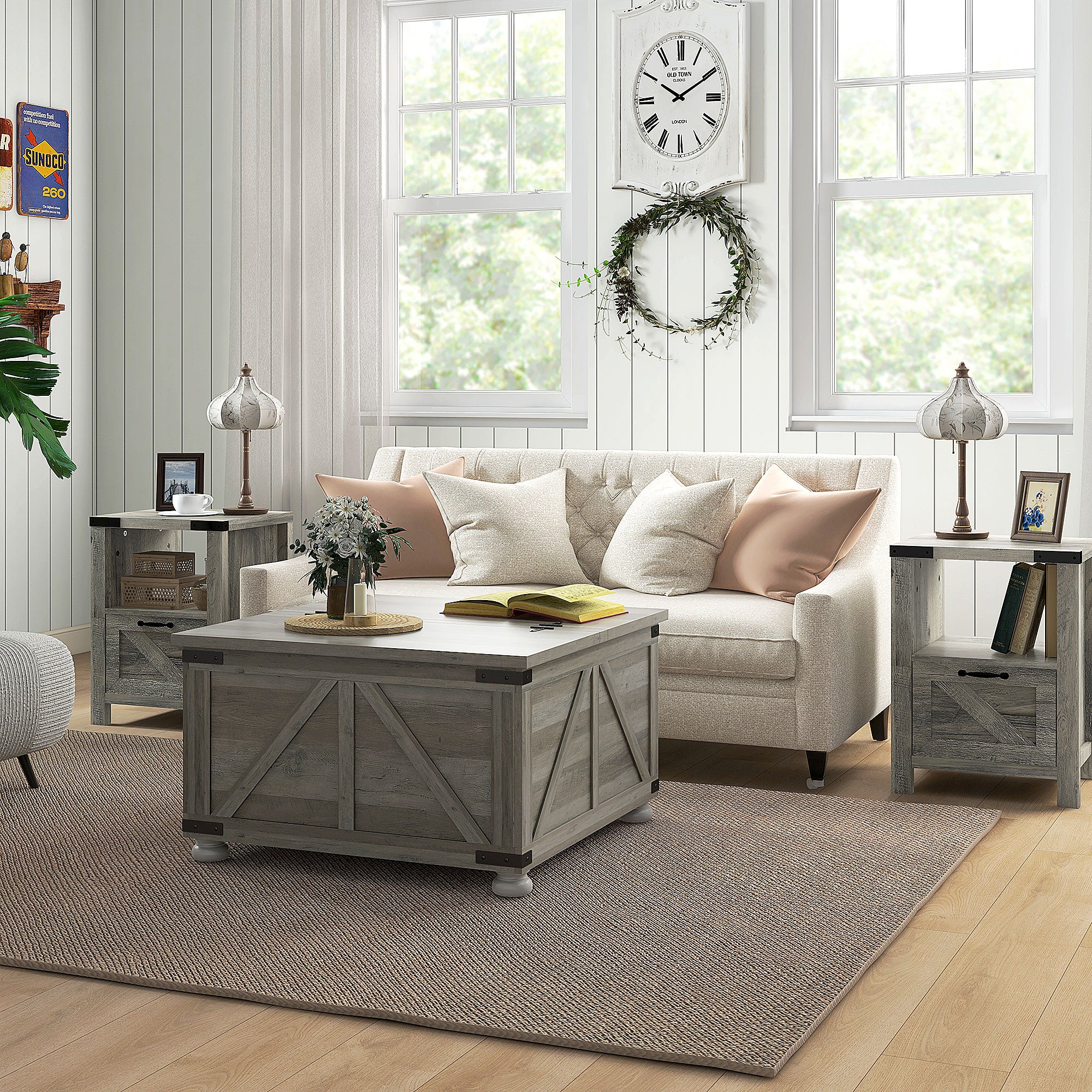 HOMCOM Farmhouse Coffee Table, Square Center Table with Flip-top Lids, Living Room Table with Hidden Storage Compartment and Wooden Legs, Distressed Grey