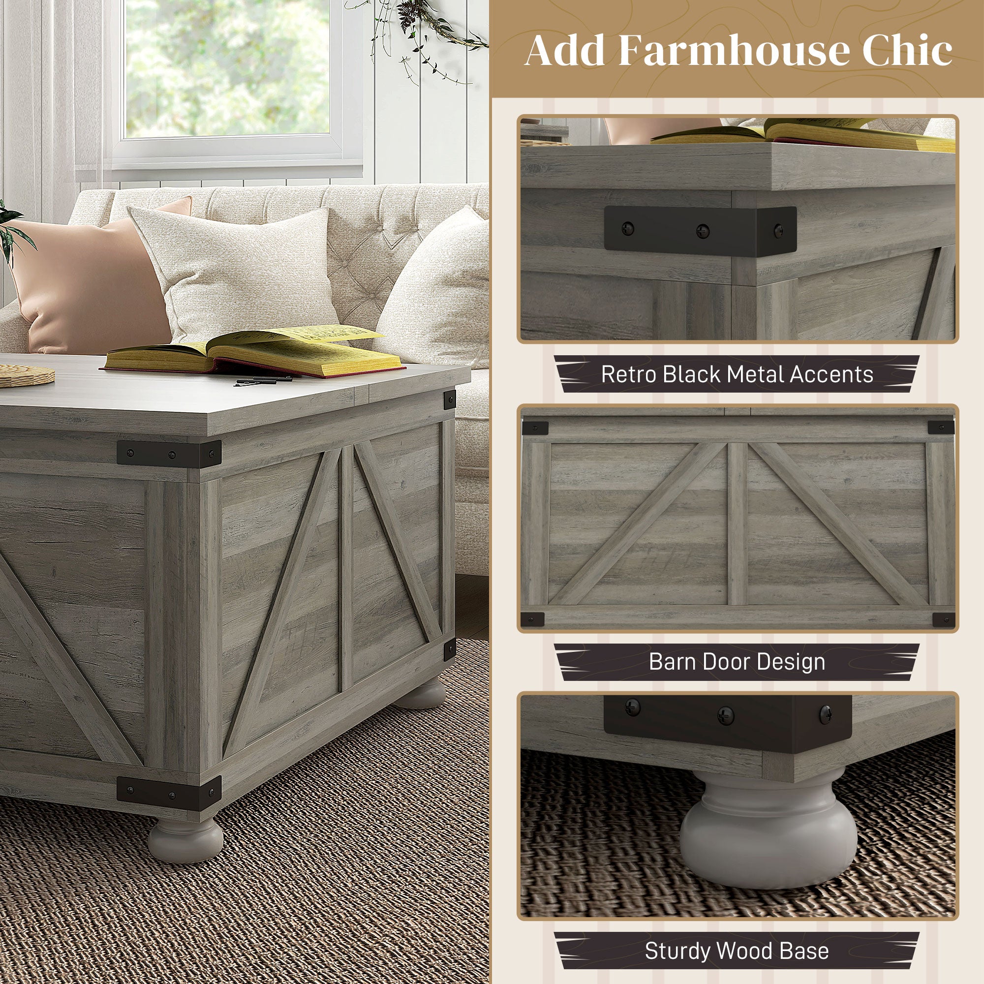 HOMCOM Farmhouse Coffee Table, Square Center Table with Flip-top Lids, Living Room Table with Hidden Storage Compartment and Wooden Legs, Distressed Grey