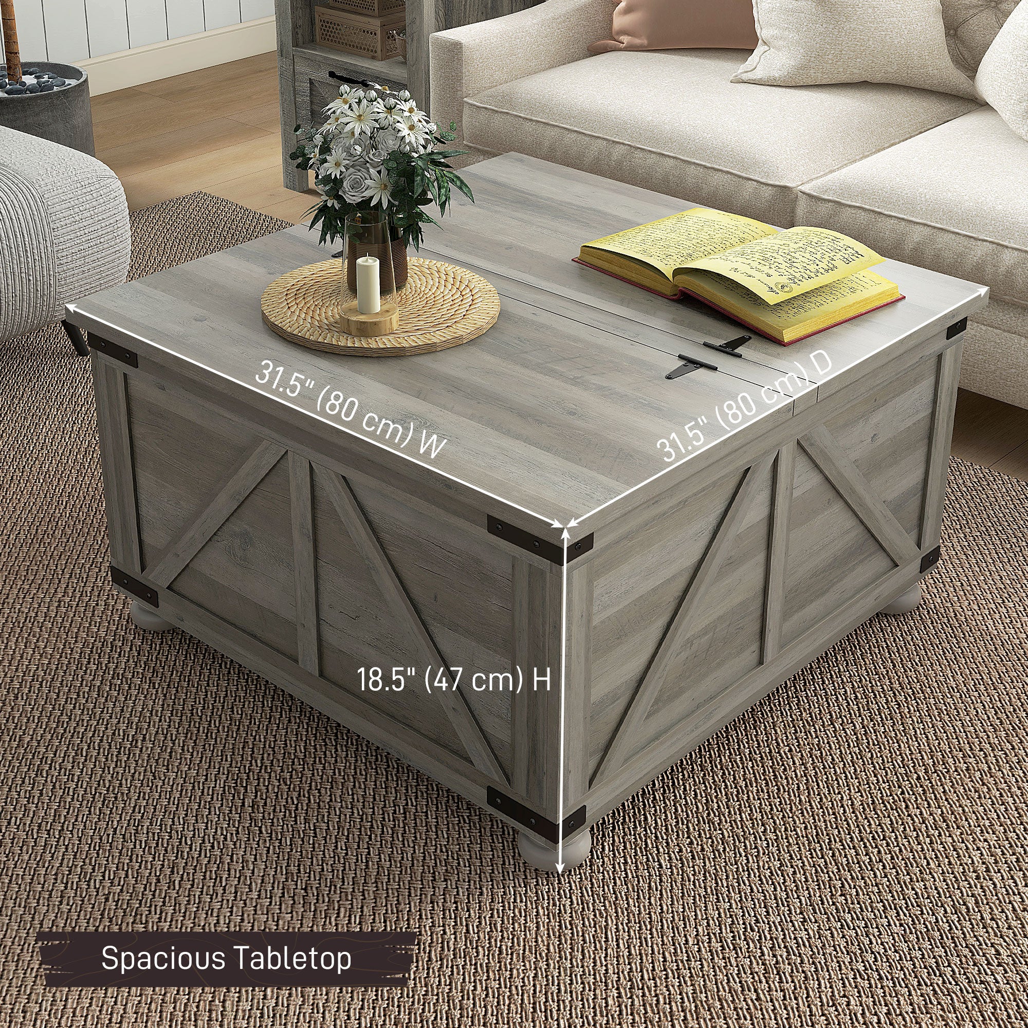 HOMCOM Farmhouse Coffee Table, Square Center Table with Flip-top Lids, Living Room Table with Hidden Storage Compartment and Wooden Legs, Distressed Grey