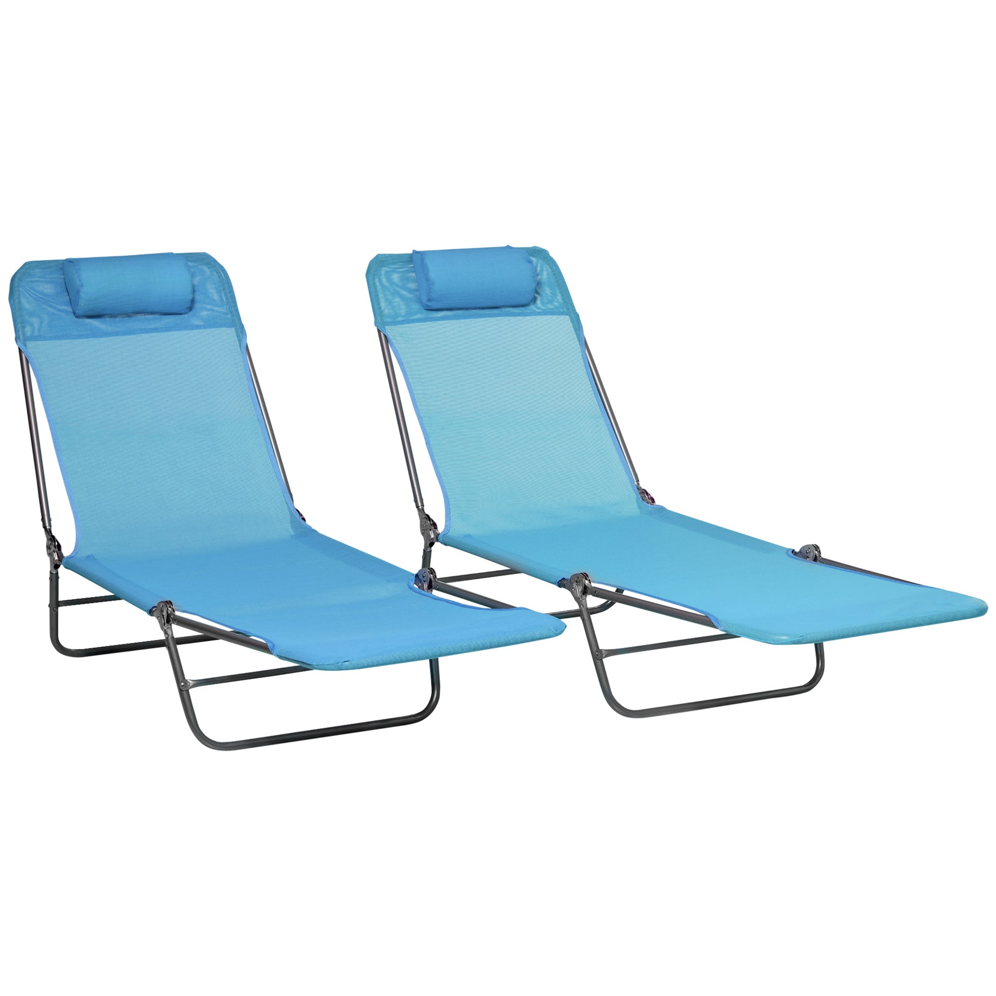 Outsunny  Set of 2 Folding Chaise Lounge Pool Chairs, Outdoor Sun Tanning Chairs with Pillow, Reclining Back, Steel Frame & Breathable Mesh for Beach, Yard, Patio, Blue