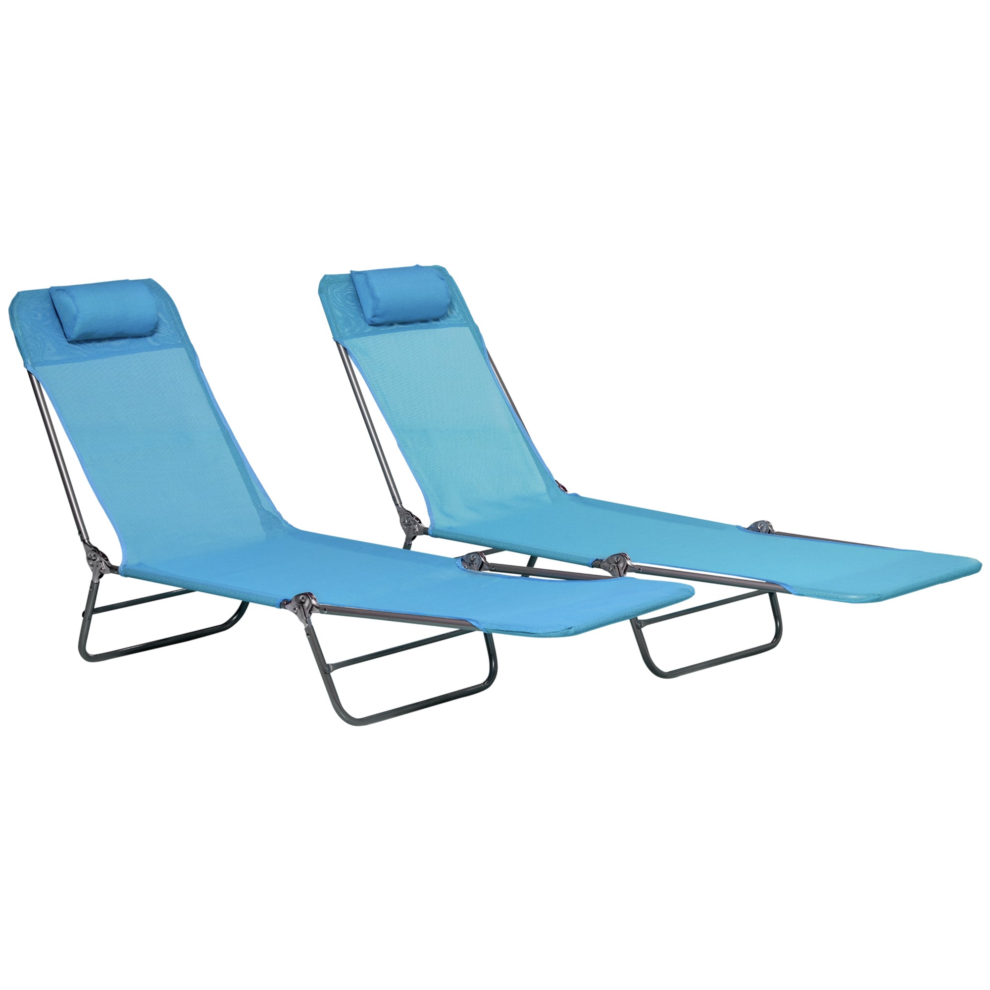 Outsunny  Set of 2 Folding Chaise Lounge Pool Chairs, Outdoor Sun Tanning Chairs with Pillow, Reclining Back, Steel Frame & Breathable Mesh for Beach, Yard, Patio, Blue