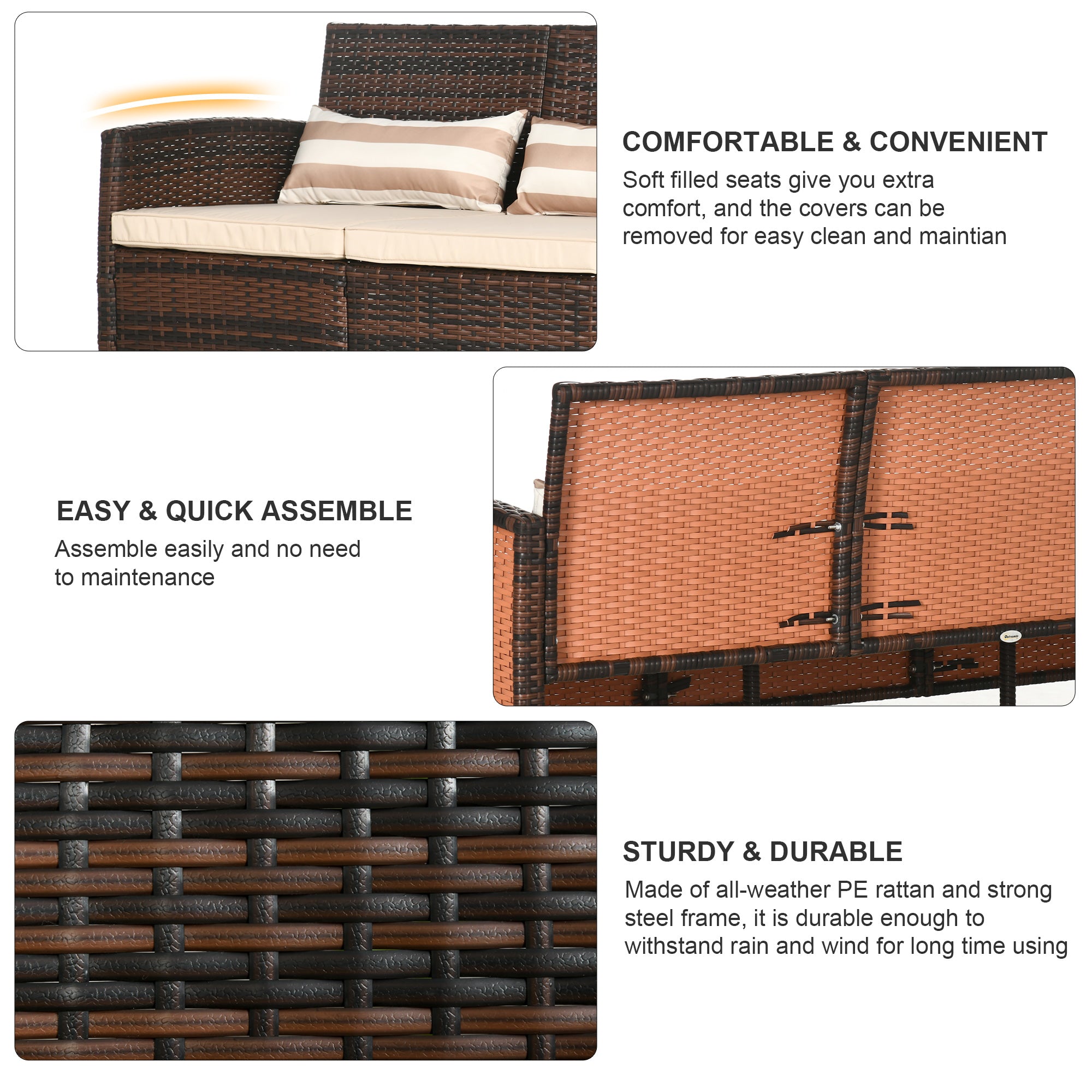 Outsunny 3-Seater Wicker Outdoor Sofa with Cushions and Pillows, PE Rattan Outdoor Couch, Steel Frame Patio Couch Conversation Furniture for Garden Backyard Balcony, Brown & Khaki