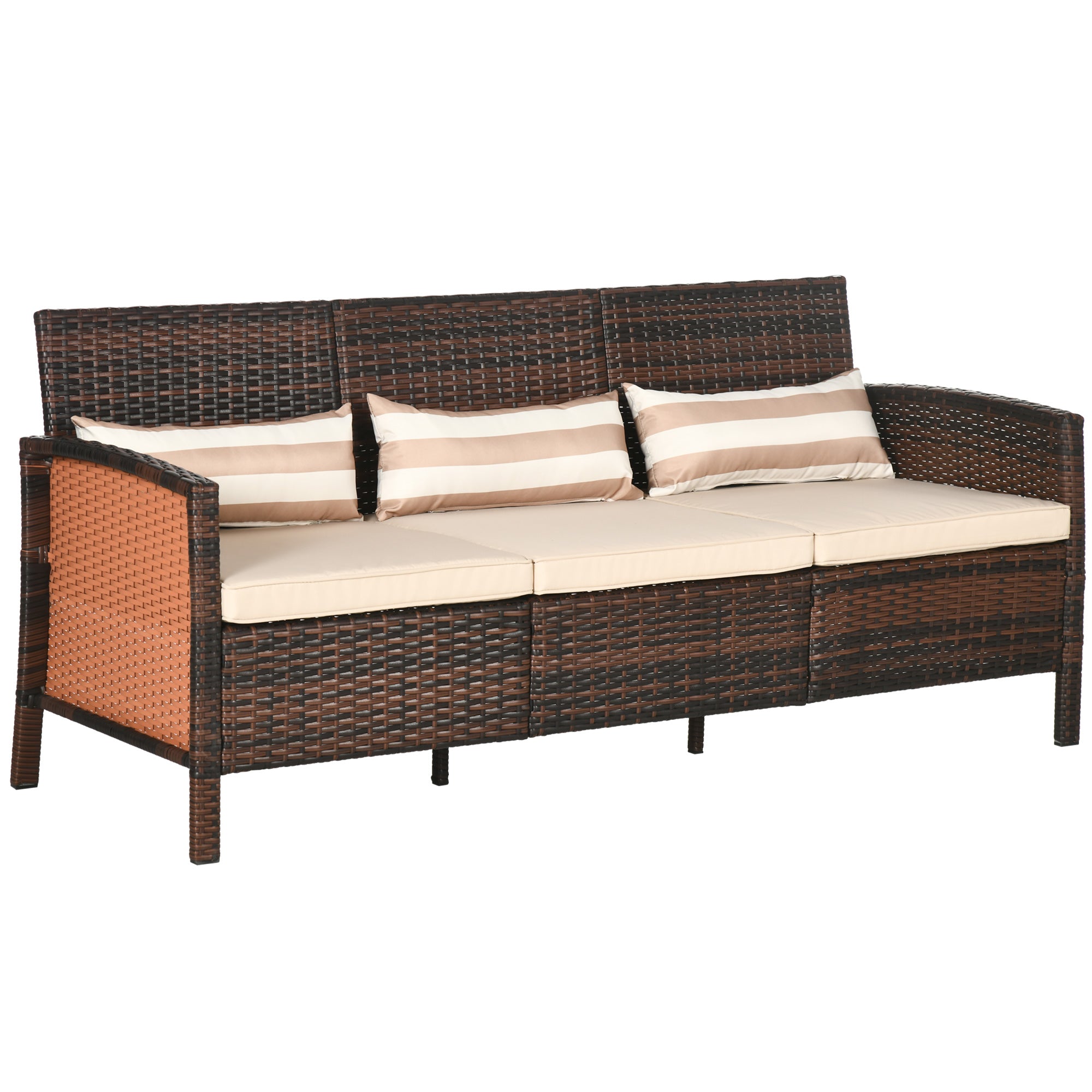 Outsunny 3-Seater Wicker Outdoor Sofa with Cushions and Pillows, PE Rattan Outdoor Couch, Steel Frame Patio Couch Conversation Furniture for Garden Backyard Balcony, Brown & Khaki