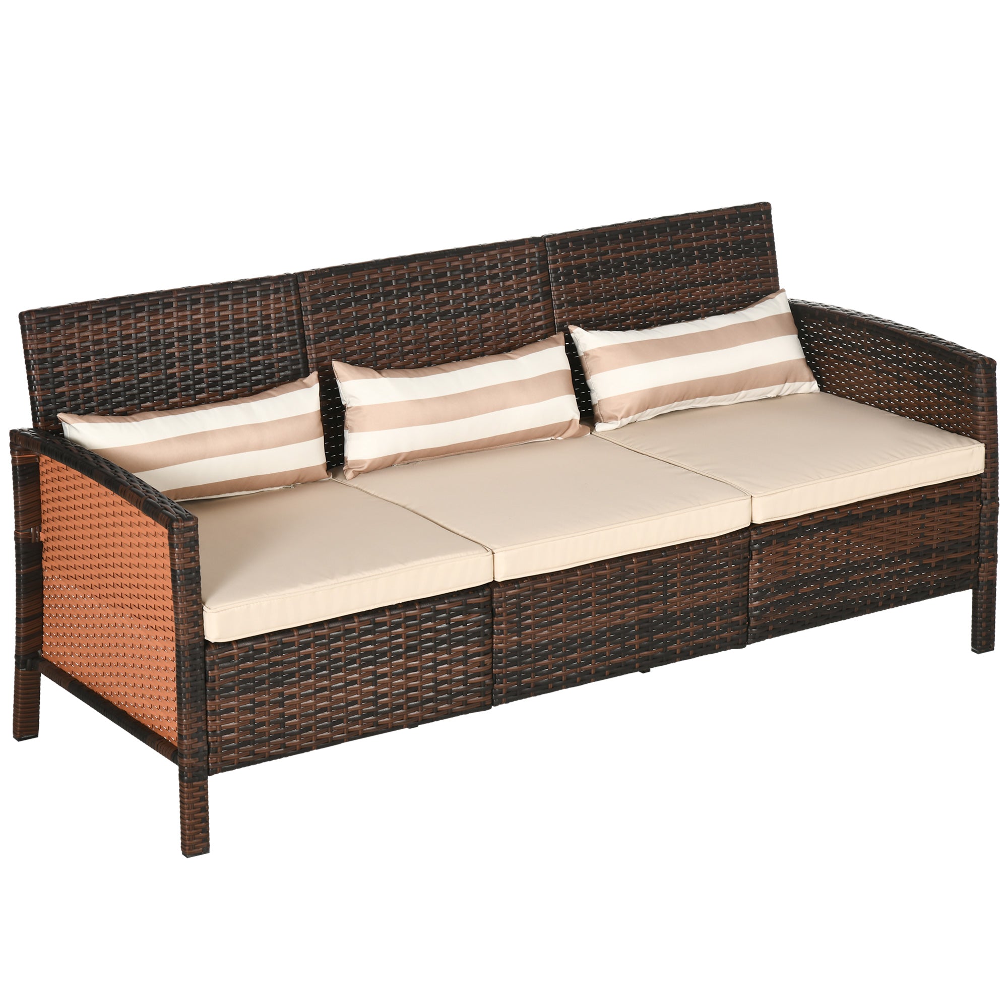 Outsunny 3-Seater Wicker Outdoor Sofa with Cushions and Pillows, PE Rattan Outdoor Couch, Steel Frame Patio Couch Conversation Furniture for Garden Backyard Balcony, Brown & Khaki