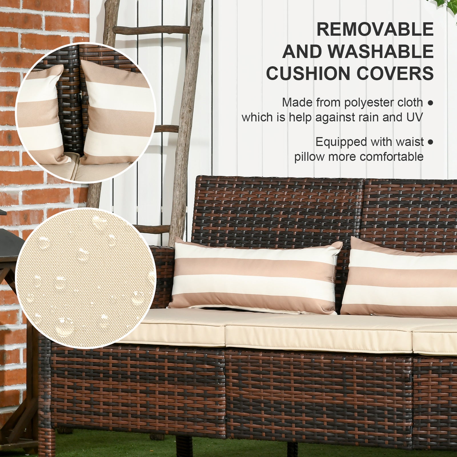 Outsunny 3-Seater Wicker Outdoor Sofa with Cushions and Pillows, PE Rattan Outdoor Couch, Steel Frame Patio Couch Conversation Furniture for Garden Backyard Balcony, Brown & Khaki