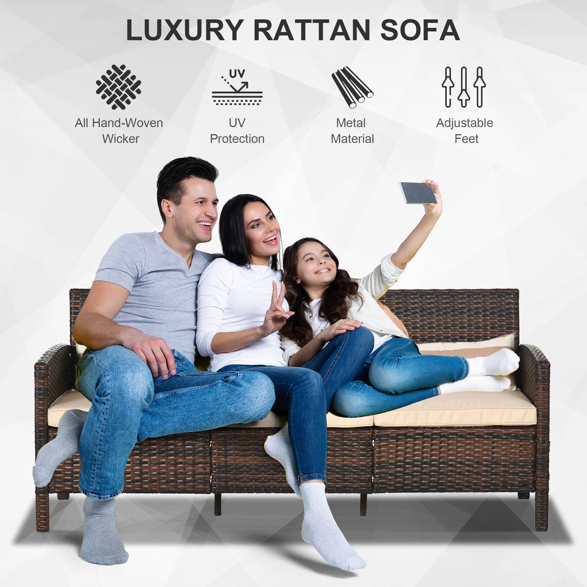 Outsunny 3-Seater Wicker Outdoor Sofa with Cushions and Pillows, PE Rattan Outdoor Couch, Steel Frame Patio Couch Conversation Furniture for Garden Backyard Balcony, Brown & Khaki