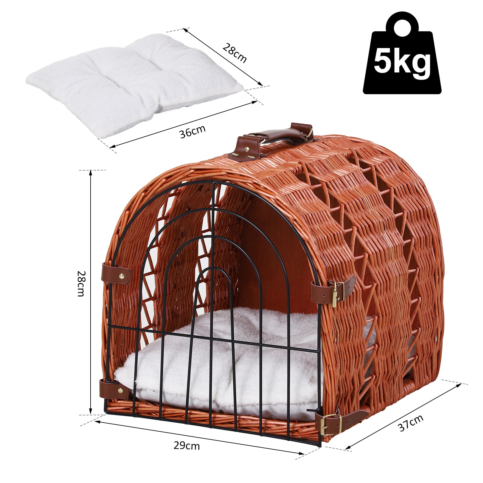PawHut Wicker Cat Carrier Basket Kitten Bed Portable Pet Caves Houses w/ Soft Cushion 37 x 29 x 28 cm Orange
