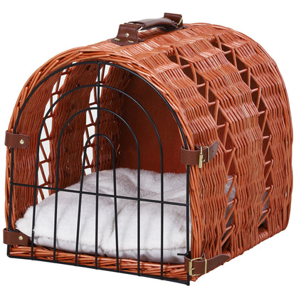 PawHut Wicker Cat Carrier Basket Kitten Bed Portable Pet Caves Houses w/ Soft Cushion 37 x 29 x 28 cm Orange
