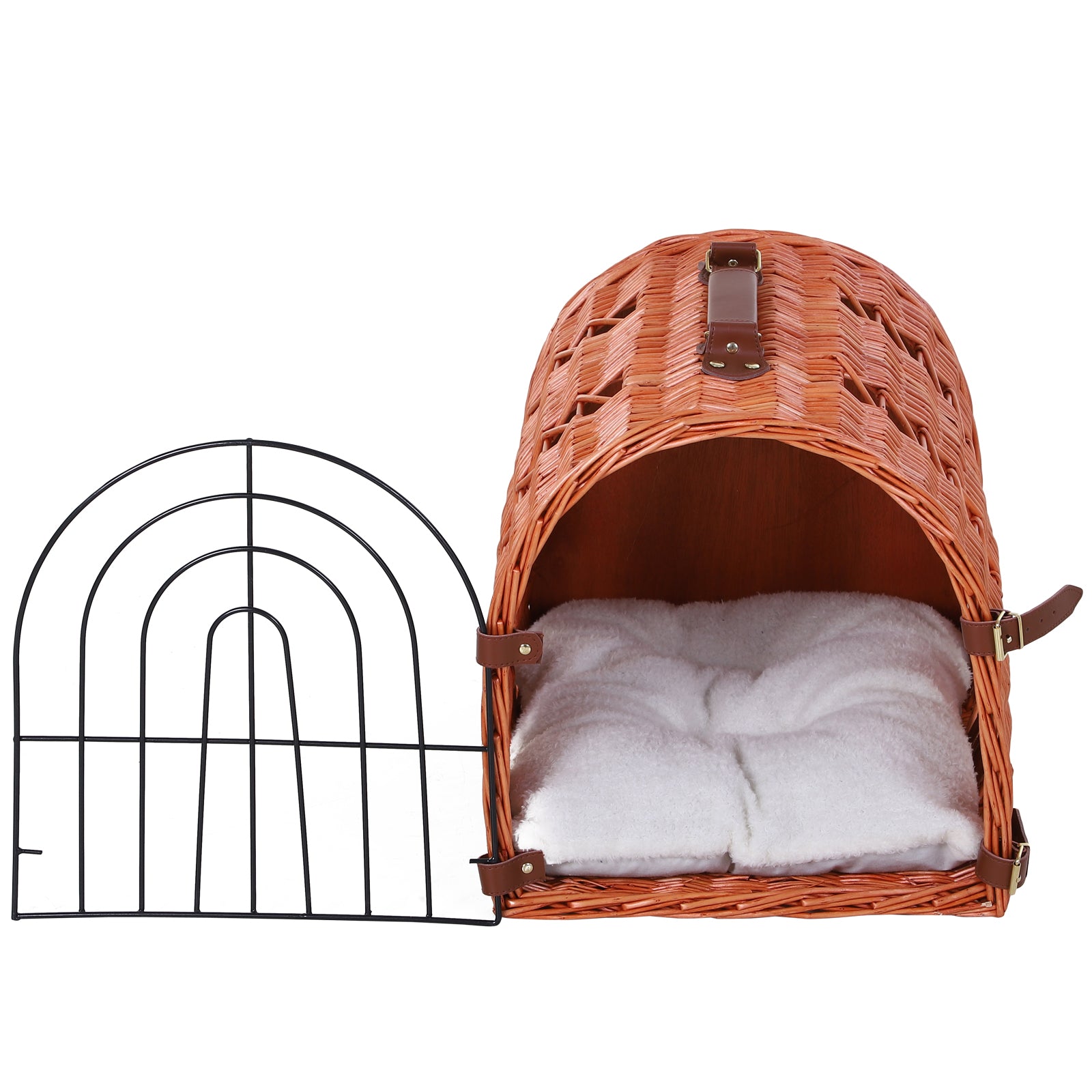 PawHut Wicker Cat Carrier Basket Kitten Bed Portable Pet Caves Houses w/ Soft Cushion 37 x 29 x 28 cm Orange