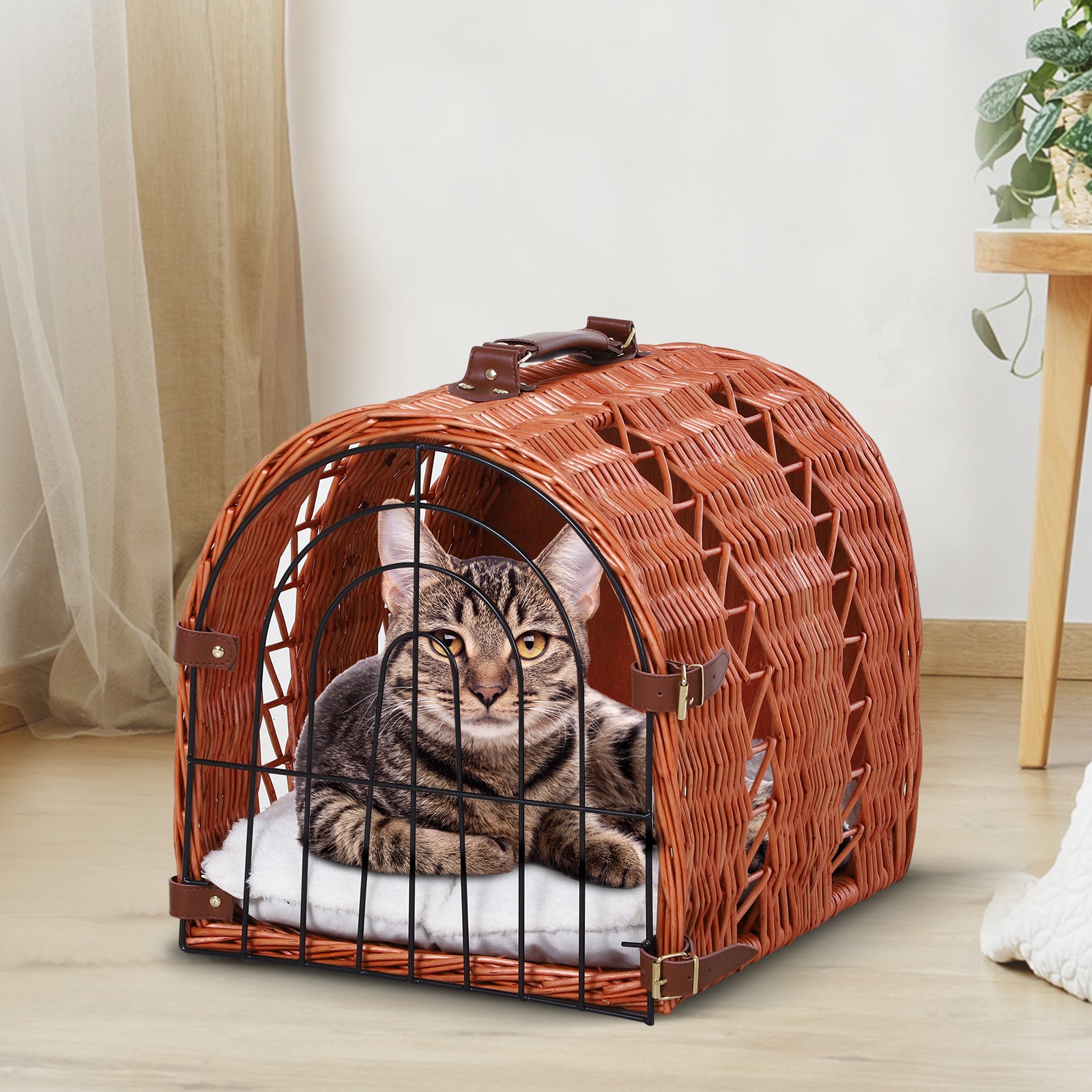 PawHut Wicker Cat Carrier Basket Kitten Bed Portable Pet Caves Houses w/ Soft Cushion 37 x 29 x 28 cm Orange