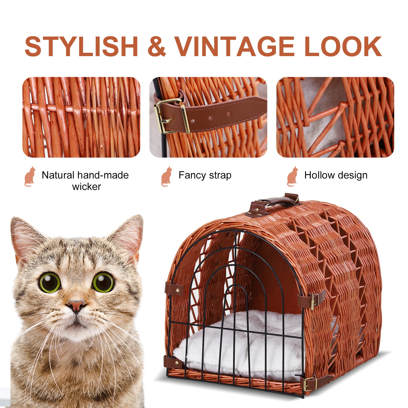 PawHut Wicker Cat Carrier Basket Kitten Bed Portable Pet Caves Houses w/ Soft Cushion 37 x 29 x 28 cm Orange