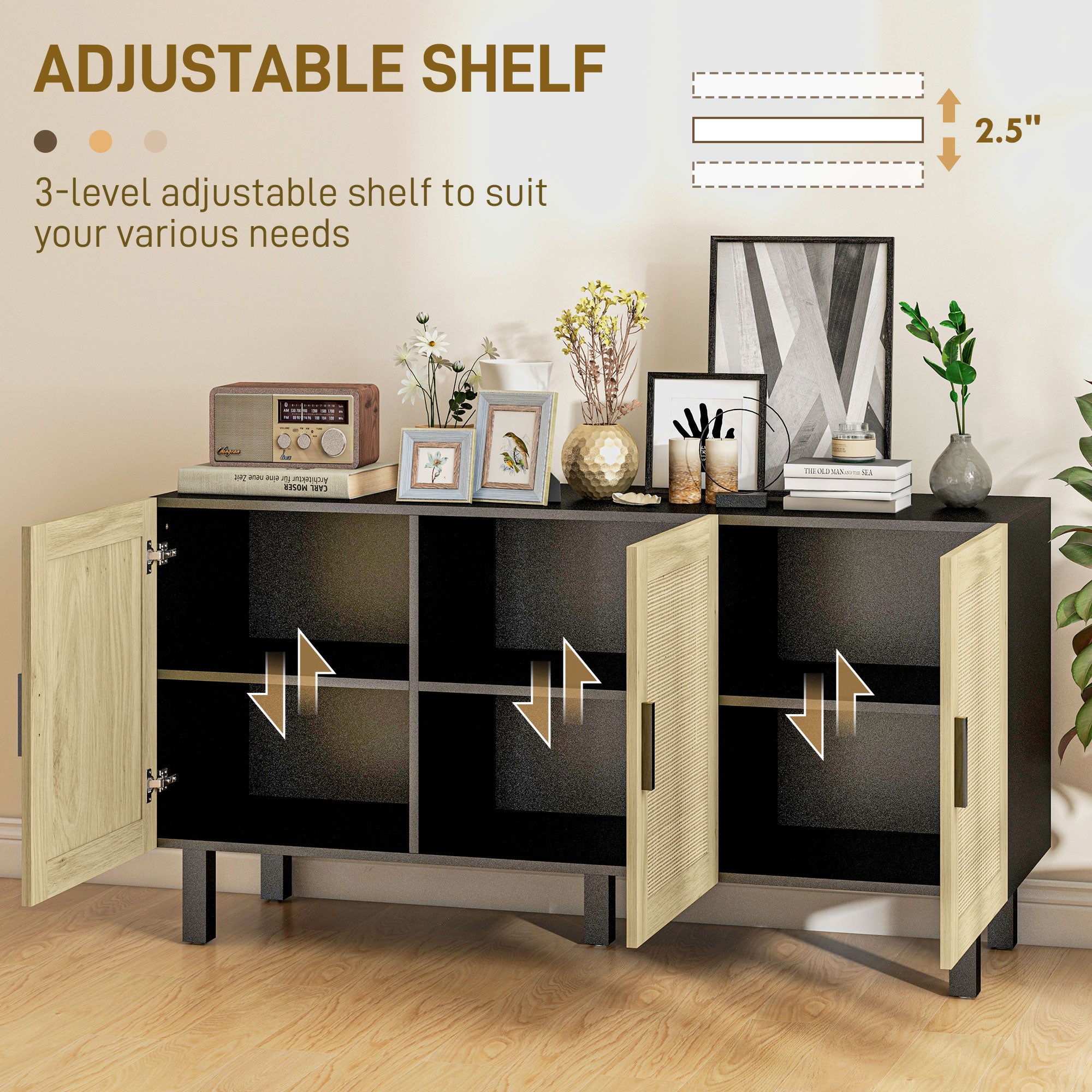 HOMCOM Sideboard Buffet Cabinet, Coffee Bar Cabinet with 3 Rattan Doors and Adjustable Shelves for Kitchen, Living Room, Black and Natural