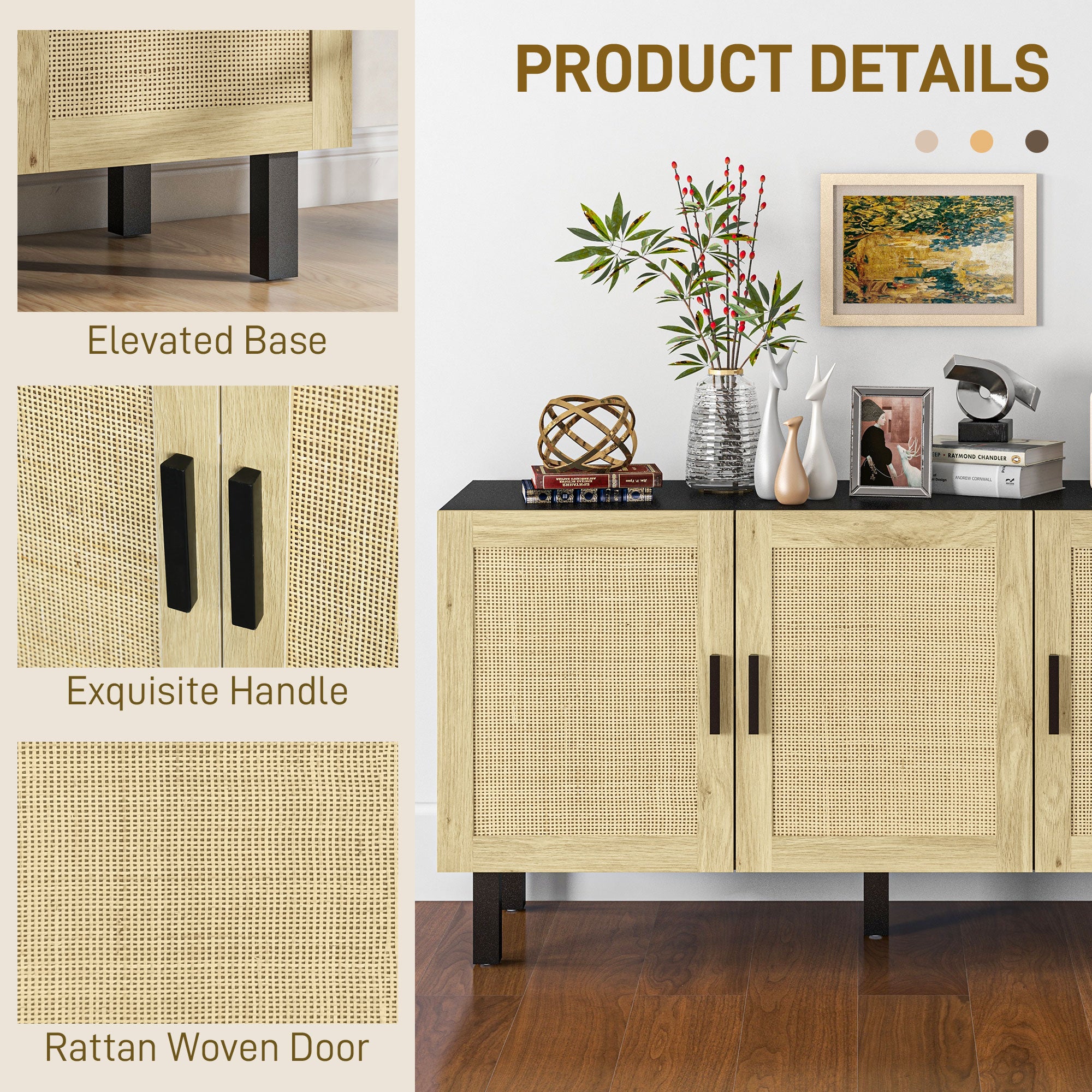 HOMCOM Sideboard Buffet Cabinet, Coffee Bar Cabinet with 3 Rattan Doors and Adjustable Shelves for Kitchen, Living Room, Black and Natural