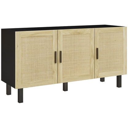 HOMCOM Sideboard Buffet Cabinet, Coffee Bar Cabinet with 3 Rattan Doors and Adjustable Shelves for Kitchen, Living Room, Black and Natural