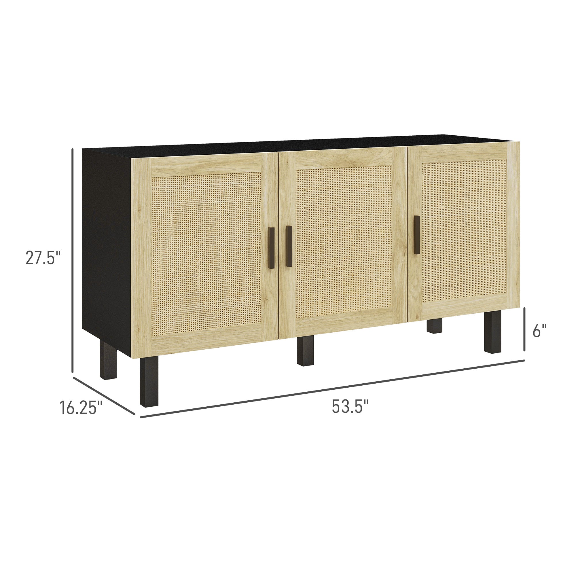 HOMCOM Sideboard Buffet Cabinet, Coffee Bar Cabinet with 3 Rattan Doors and Adjustable Shelves for Kitchen, Living Room, Black and Natural