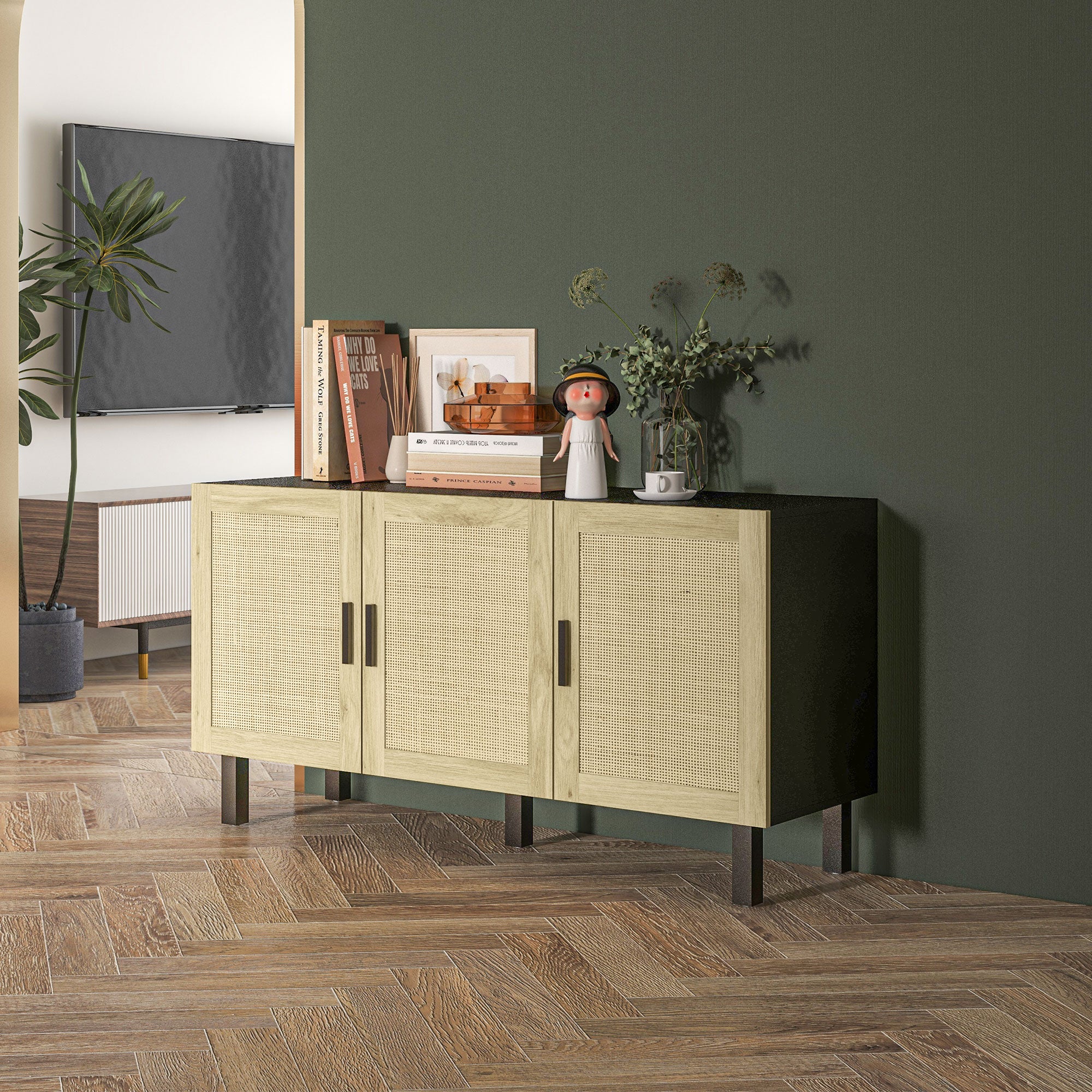 HOMCOM Sideboard Buffet Cabinet, Coffee Bar Cabinet with 3 Rattan Doors and Adjustable Shelves for Kitchen, Living Room, Black and Natural