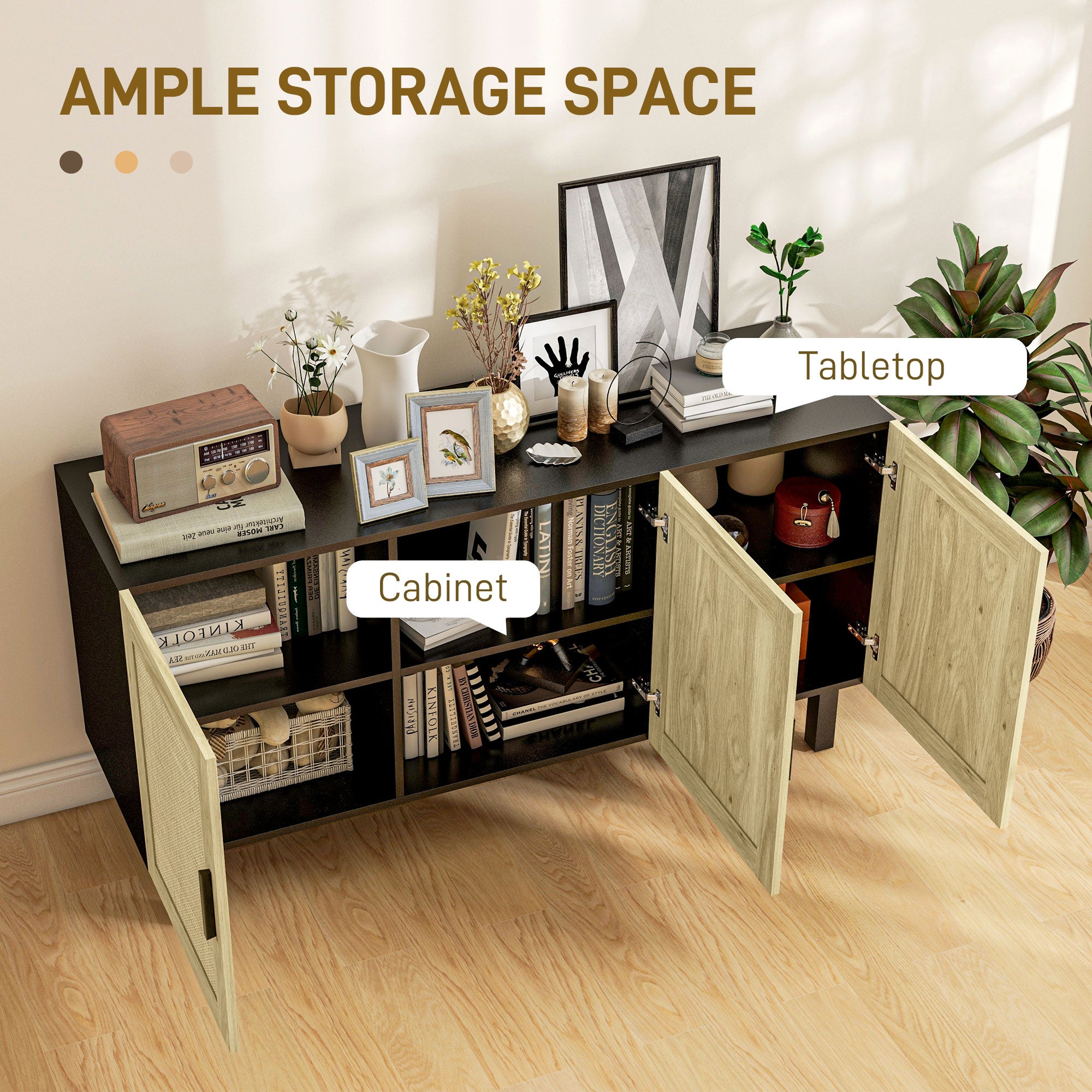 HOMCOM Sideboard Buffet Cabinet, Coffee Bar Cabinet with 3 Rattan Doors and Adjustable Shelves for Kitchen, Living Room, Black and Natural
