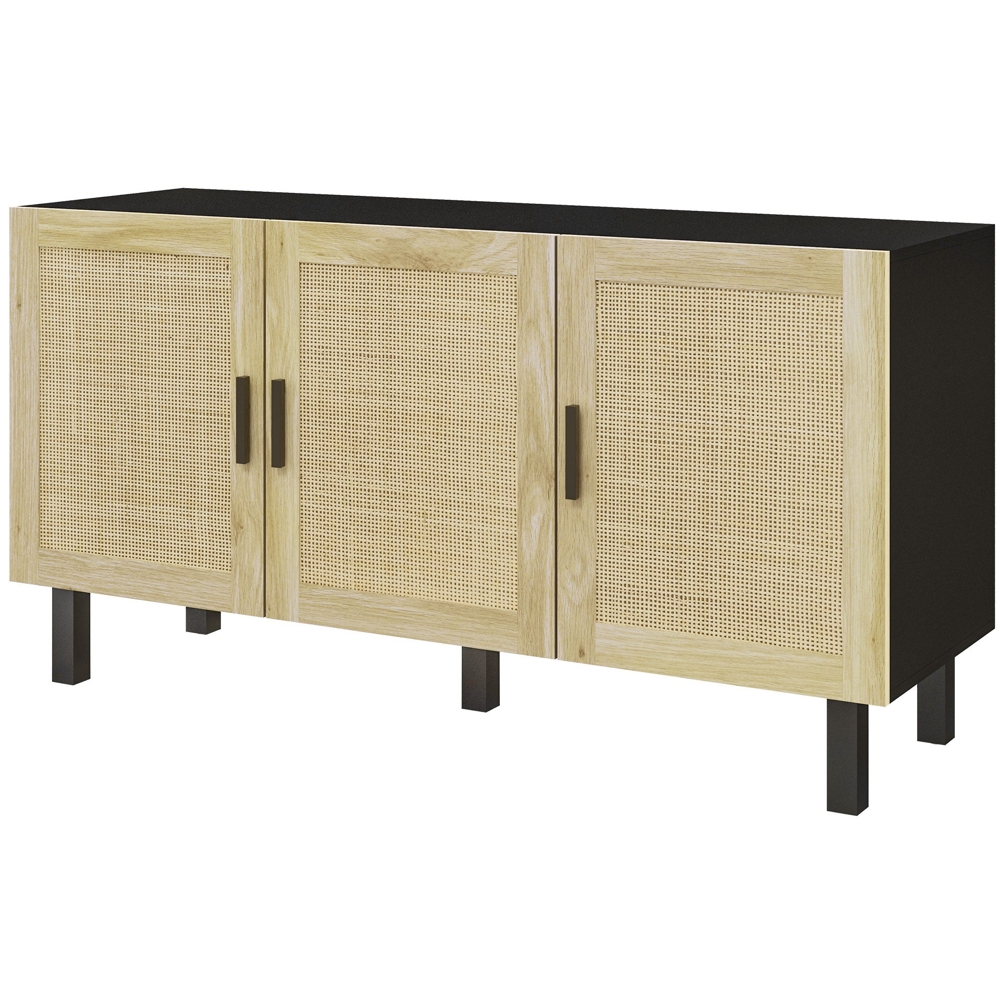 HOMCOM Sideboard Buffet Cabinet, Coffee Bar Cabinet with 3 Rattan Doors and Adjustable Shelves for Kitchen, Living Room, Black and Natural