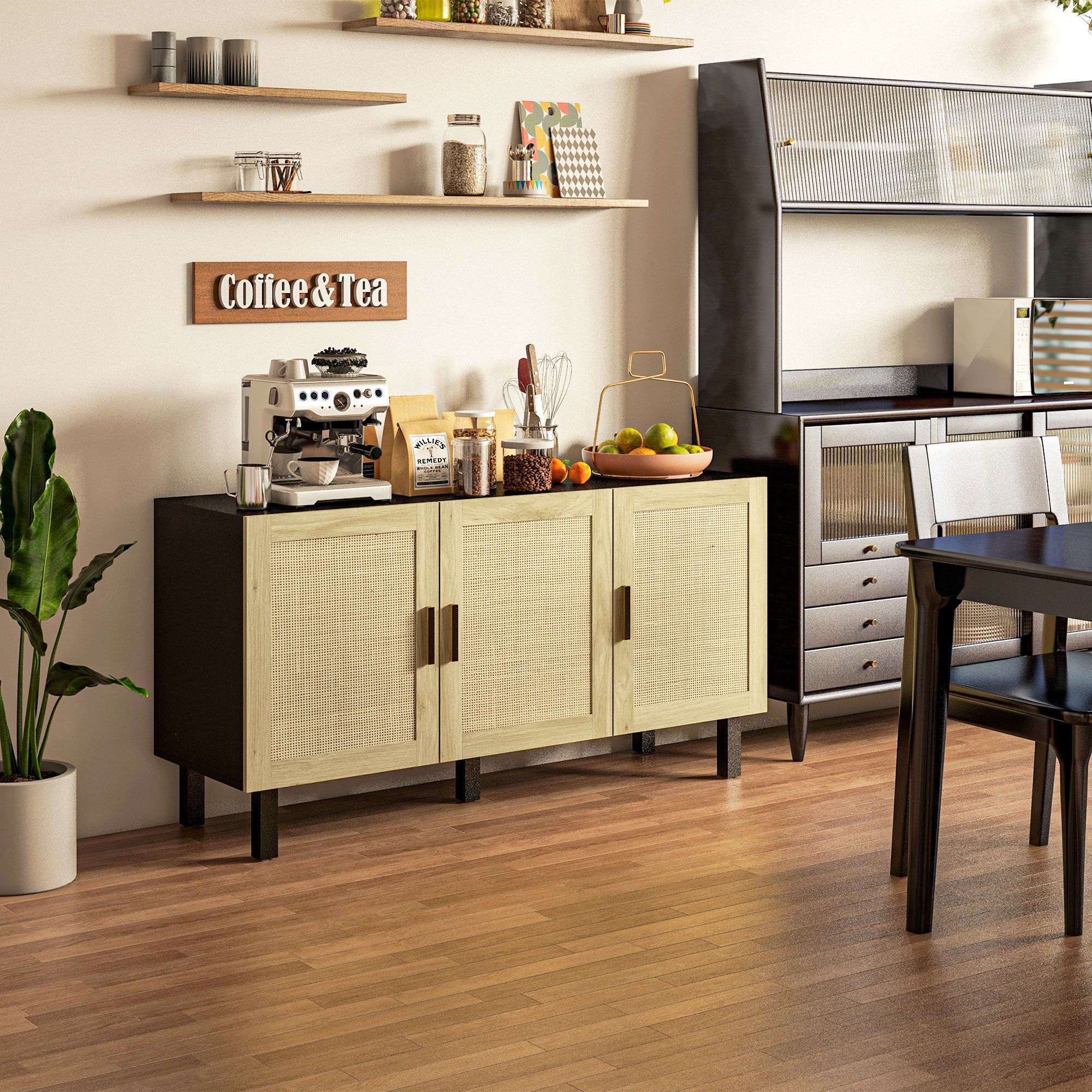 HOMCOM Sideboard Buffet Cabinet, Coffee Bar Cabinet with 3 Rattan Doors and Adjustable Shelves for Kitchen, Living Room, Black and Natural
