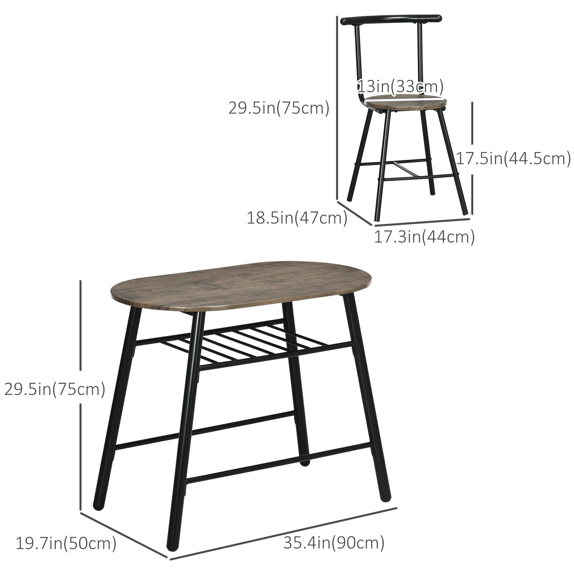 HOMCOM 3-Piece Dining Table Set, Oval Kitchen Table and 2 Chairs, Small Breakfast Table Set with Metal Frame, Built-in Wine Rack for Small Space, Dining Room, Living Room, 35.4
