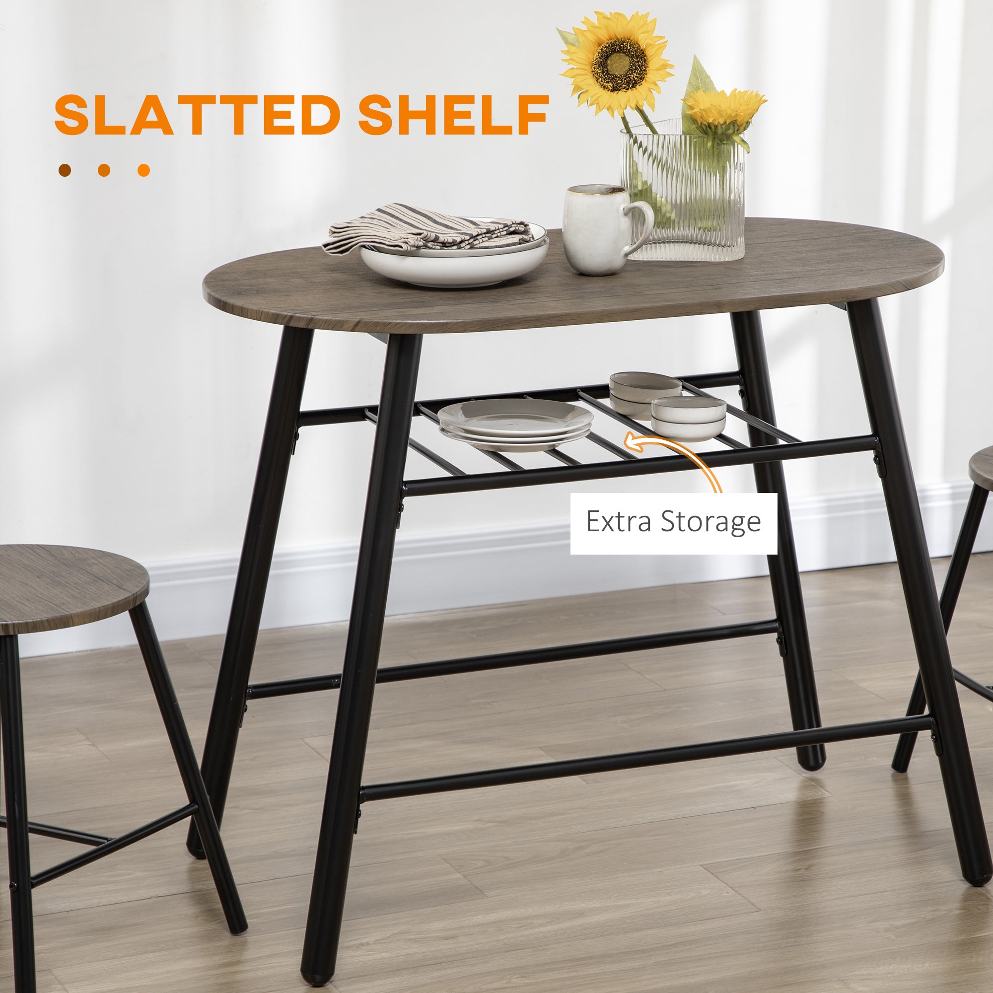 HOMCOM 3-Piece Dining Table Set, Oval Kitchen Table and 2 Chairs, Small Breakfast Table Set with Metal Frame, Built-in Wine Rack for Small Space, Dining Room, Living Room, 35.4