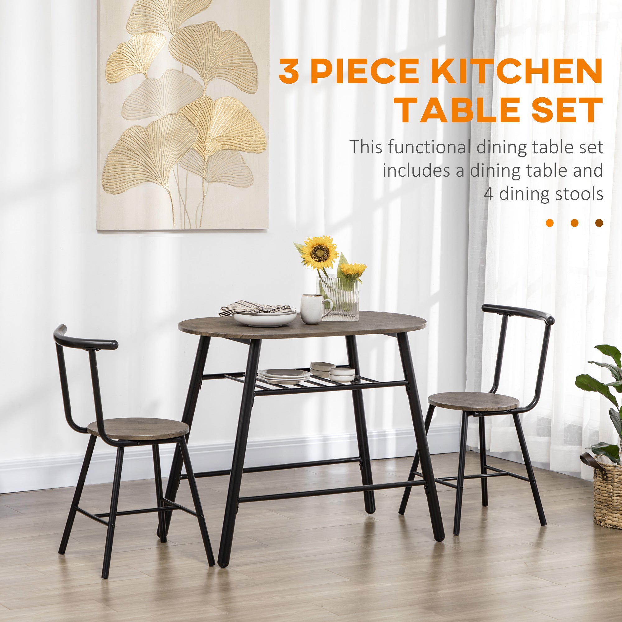 HOMCOM 3-Piece Dining Table Set, Oval Kitchen Table and 2 Chairs, Small Breakfast Table Set with Metal Frame, Built-in Wine Rack for Small Space, Dining Room, Living Room, 35.4