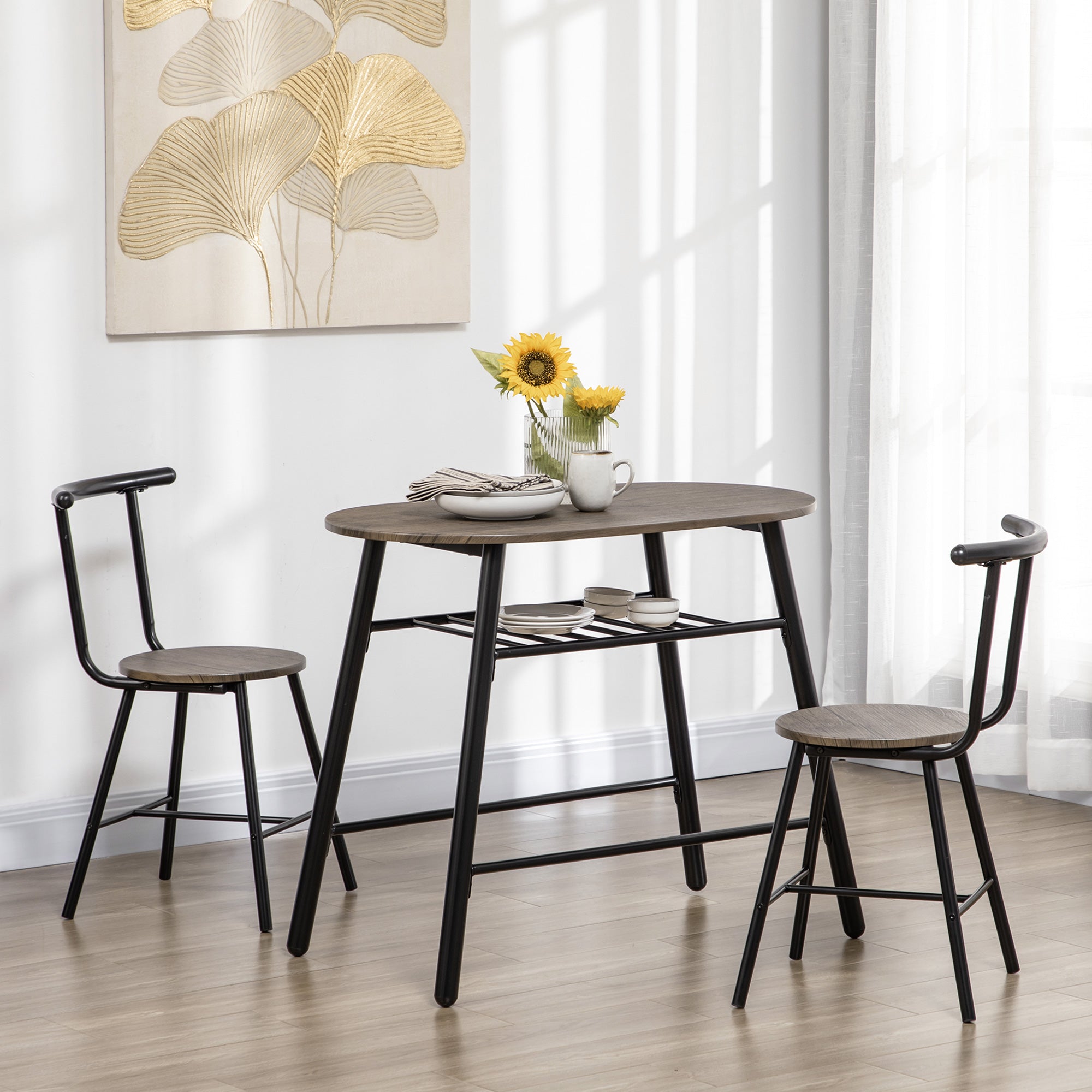 HOMCOM 3-Piece Dining Table Set, Oval Kitchen Table and 2 Chairs, Small Breakfast Table Set with Metal Frame, Built-in Wine Rack for Small Space, Dining Room, Living Room, 35.4