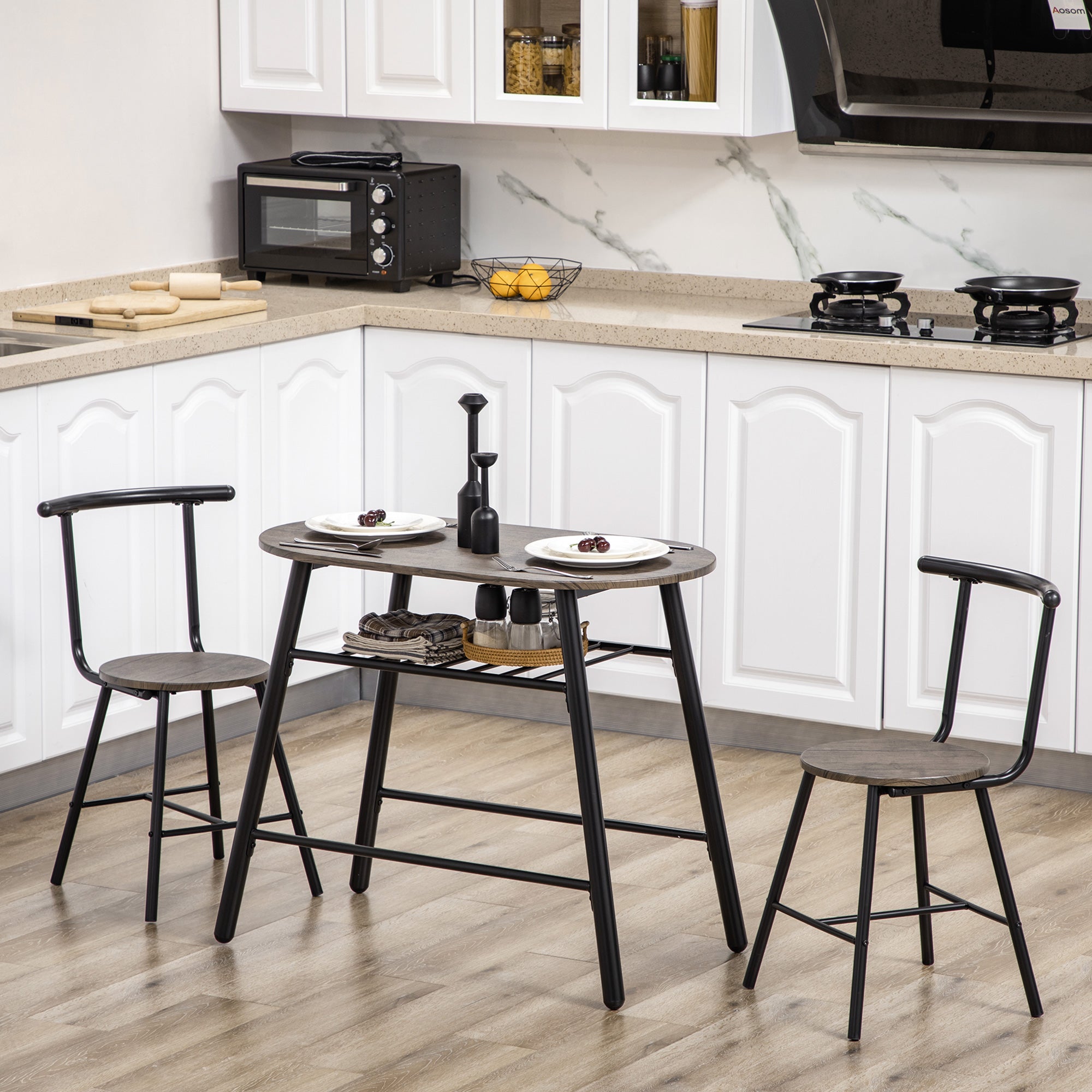 HOMCOM 3-Piece Dining Table Set, Oval Kitchen Table and 2 Chairs, Small Breakfast Table Set with Metal Frame, Built-in Wine Rack for Small Space, Dining Room, Living Room, 35.4