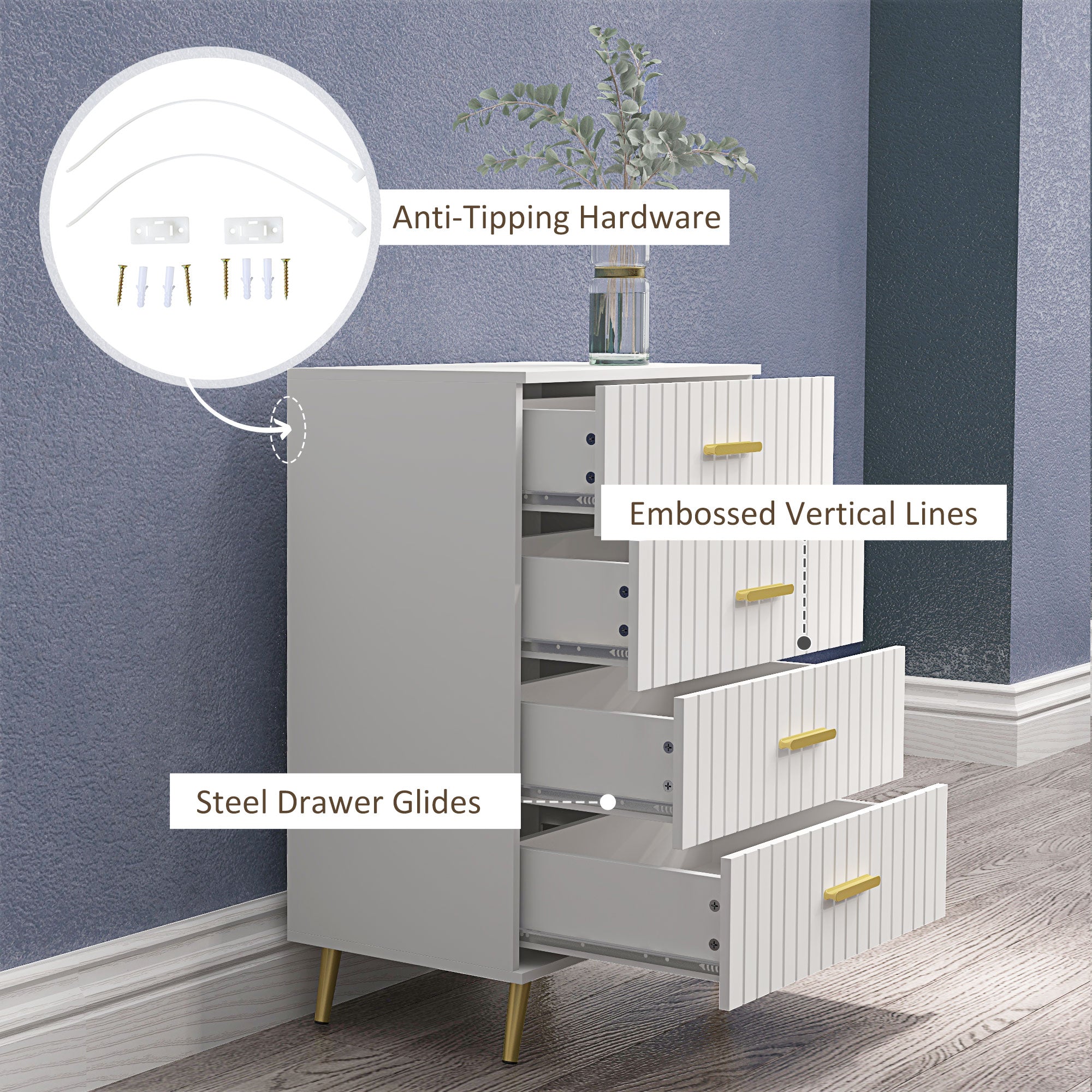 HOMCOM Bedroom Chest of Drawers, Modern 4-Drawer Dresser, Storage Drawer Unit with Aluminium Legs, White