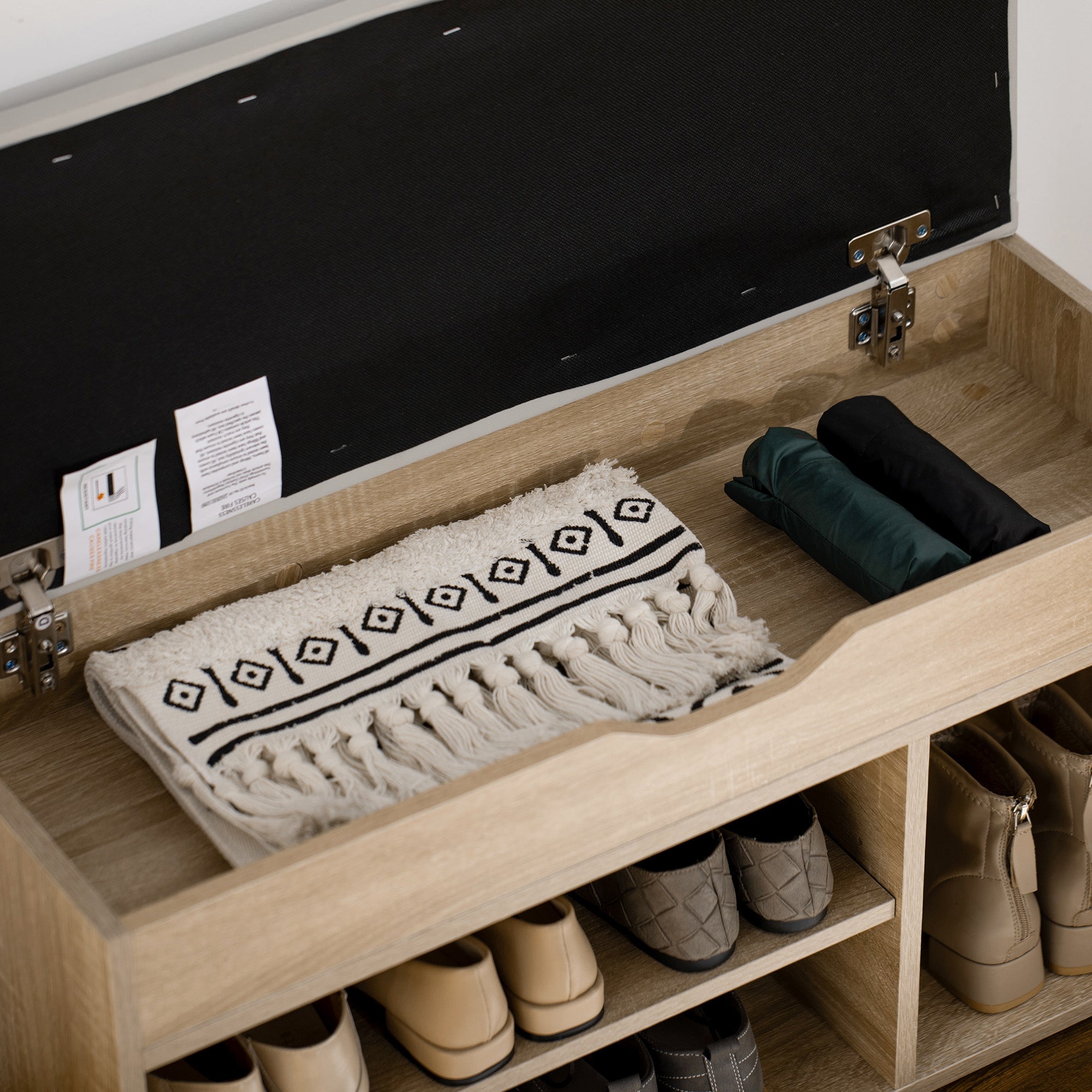 HOMCOM Shoe Bench Entryway Storage Rack with Padded Cushion PU Cover Hidden Storage for Hallway Living Room Bedroom, Natural