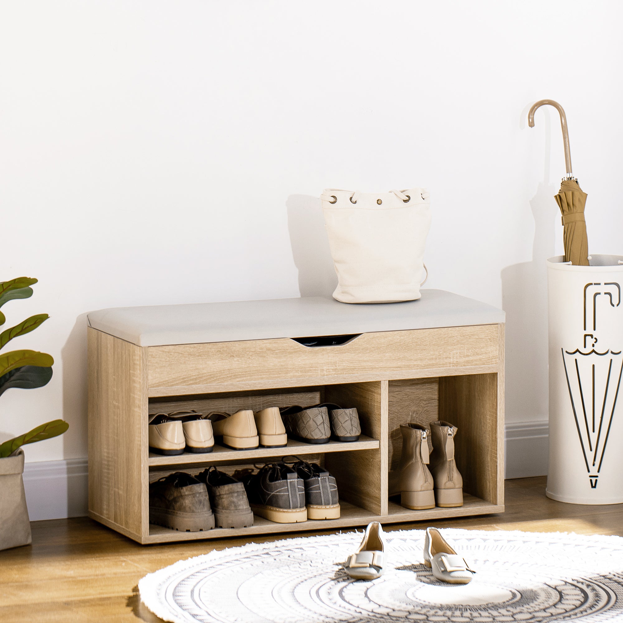 HOMCOM Shoe Bench Entryway Storage Rack with Padded Cushion PU Cover Hidden Storage for Hallway Living Room Bedroom, Natural